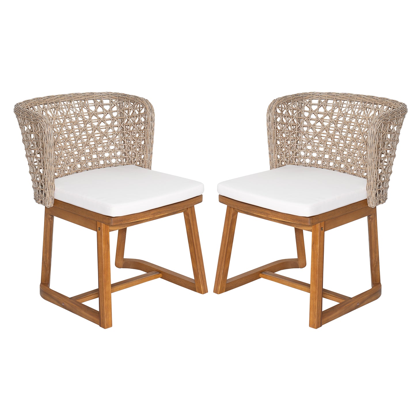 Outdoor Acacia Wood Dining Chairs (Set of 2), Teak Finish Patio Chairs with Beige Cushion & Multi Light Brown Wicker Back, Weather Resistant Side Chairs for Garden, Backyard, Patio