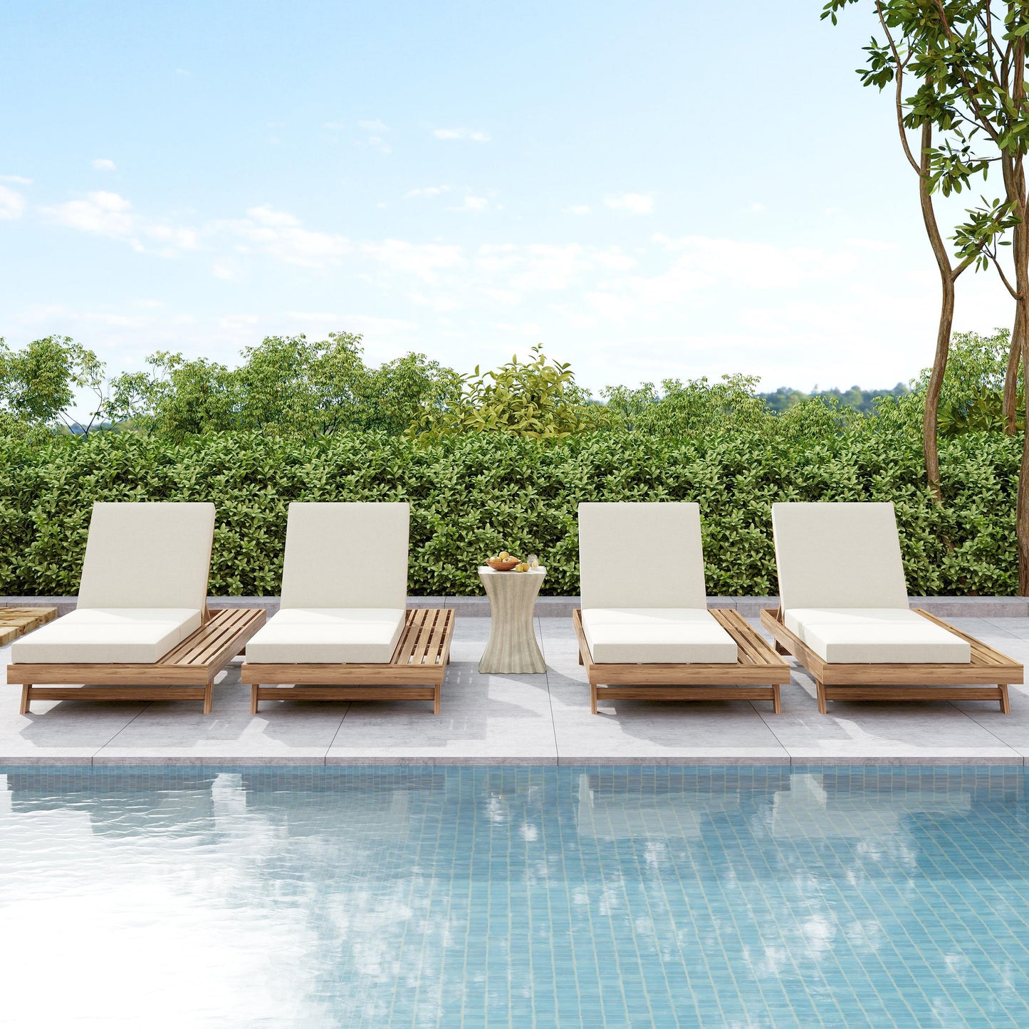 Lounge Chaise Set, Space Available On One Side, Acacia Solid Wood In light brown With Lounge Cushion (Cream & Triple Fold) – Matching Dark Grey Version Available