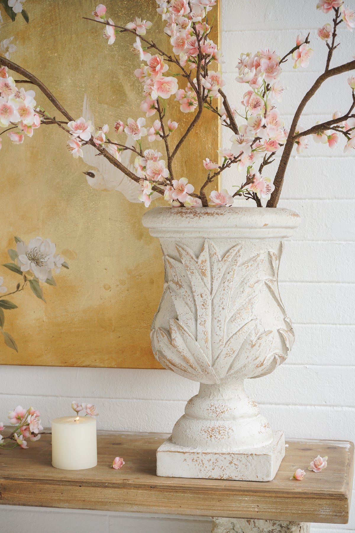 10.2x10.2x16.9" Ornate Magnesium Urn Planter with Antique White Finish and Carved Leaf Details