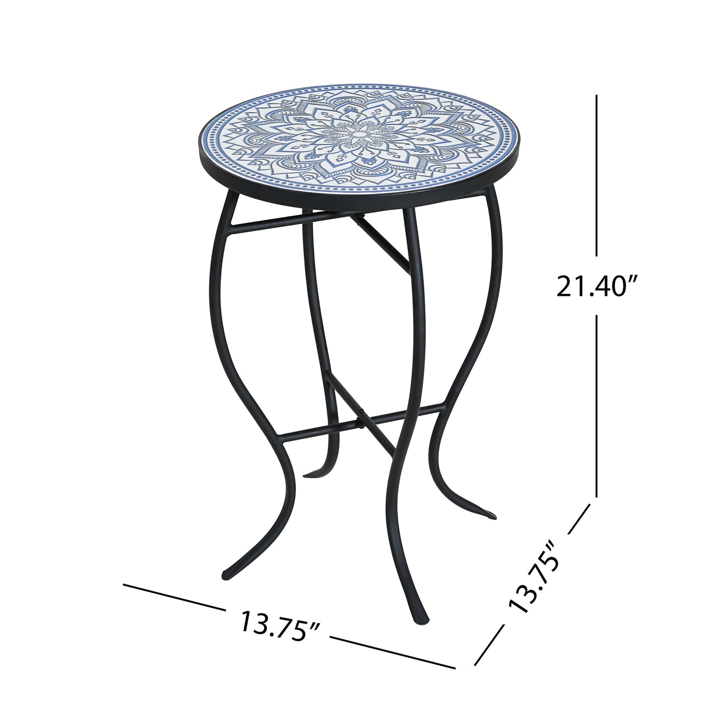 Outdoor Round Side Table with Mosaic-Style Top and Curved Iron Legs, Blue and Matte Black
