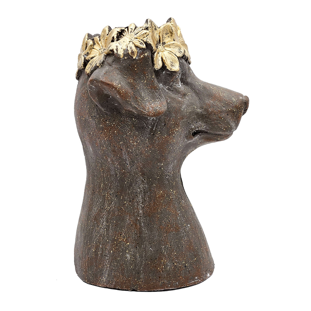 9.3x9.3x13" Magnesium Dog Statue Planter with Textured Brown Finish and Gold Leaf Crown