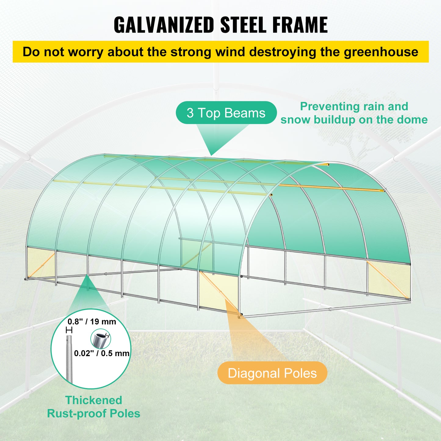 Walk-in Tunnel Greenhouse, 20 x 10 x 7 ft Portable Plant Hot House w/ Galvanized Steel Hoops, 3 Top Beams, Diagonal Poles, 2 Zippered Doors & 12 Roll-up Windows, Green