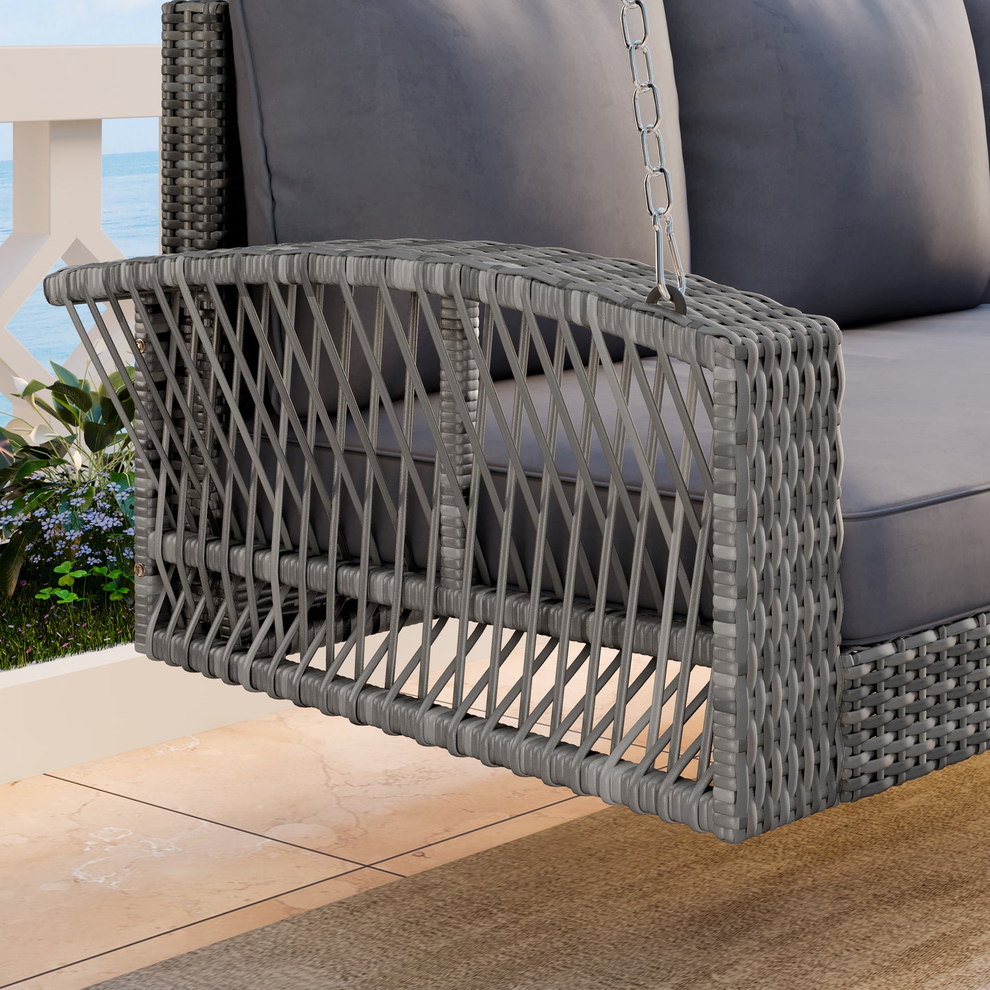 GO 69" PE Wicker 3-Person Porch Swing with Chains, Large Patio Swing Bench with Cushions for Backyard, Garden, and Poolside, Gray69"