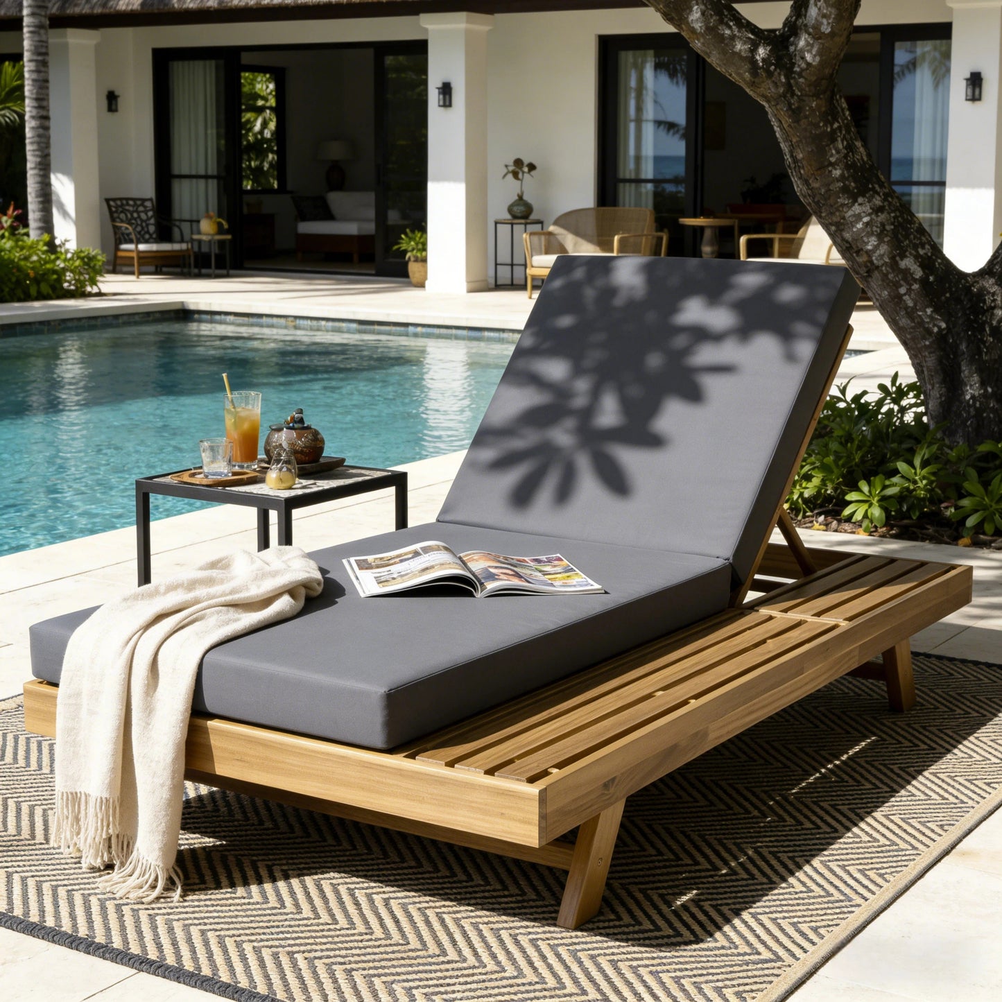 Lounge Chaise Set, Space Available On One Side, Acacia Wood In light brown With Water-Resistant Lounge Cushions (Dark Grey & 4 Inch Thick) – Matching Cream Version Available
