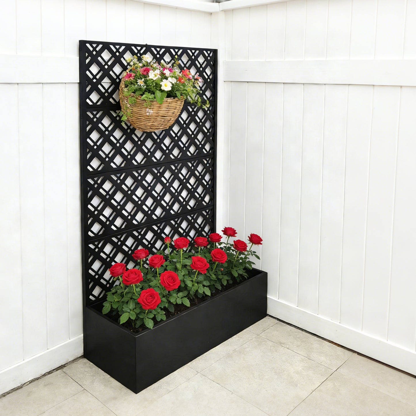 Metal Planter Raised Garden Bed with Trellis 70.9in H x 43.3in W x 15.8in D - Garden Box for Climbing Plants Flowers Vegetable with Drainage Holes, Rhombus Black
