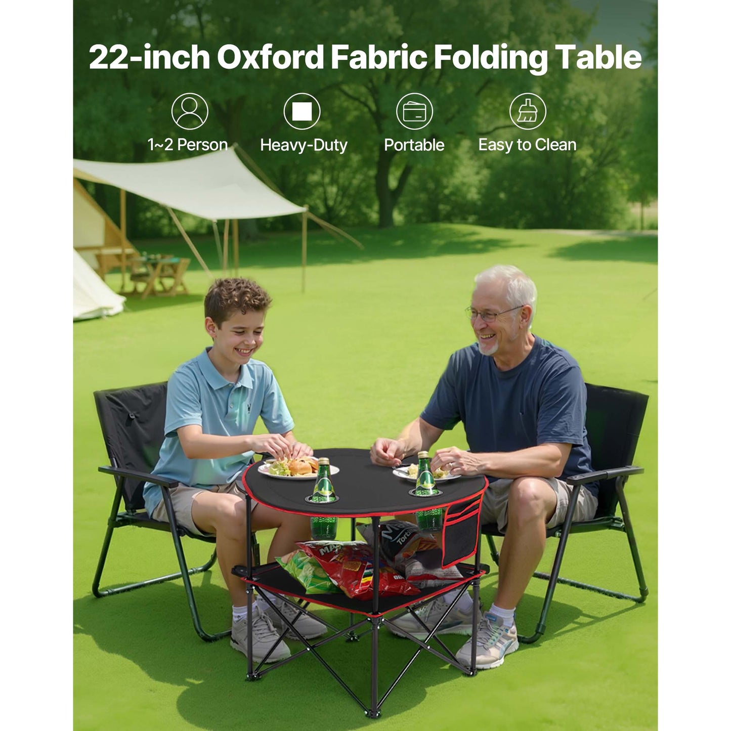 Folding Portable Camping Table Oxford Outdoor Picnic RoundTable 4 Cup Holders
