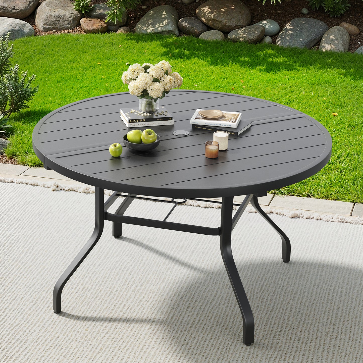 Round Outdoor Patio Dining Table, 47" Round Patio Table Wood-Like Grain with 1.57" Umbrella Hole, Metal Outdoor Dining Tables for Backyard and Poolside