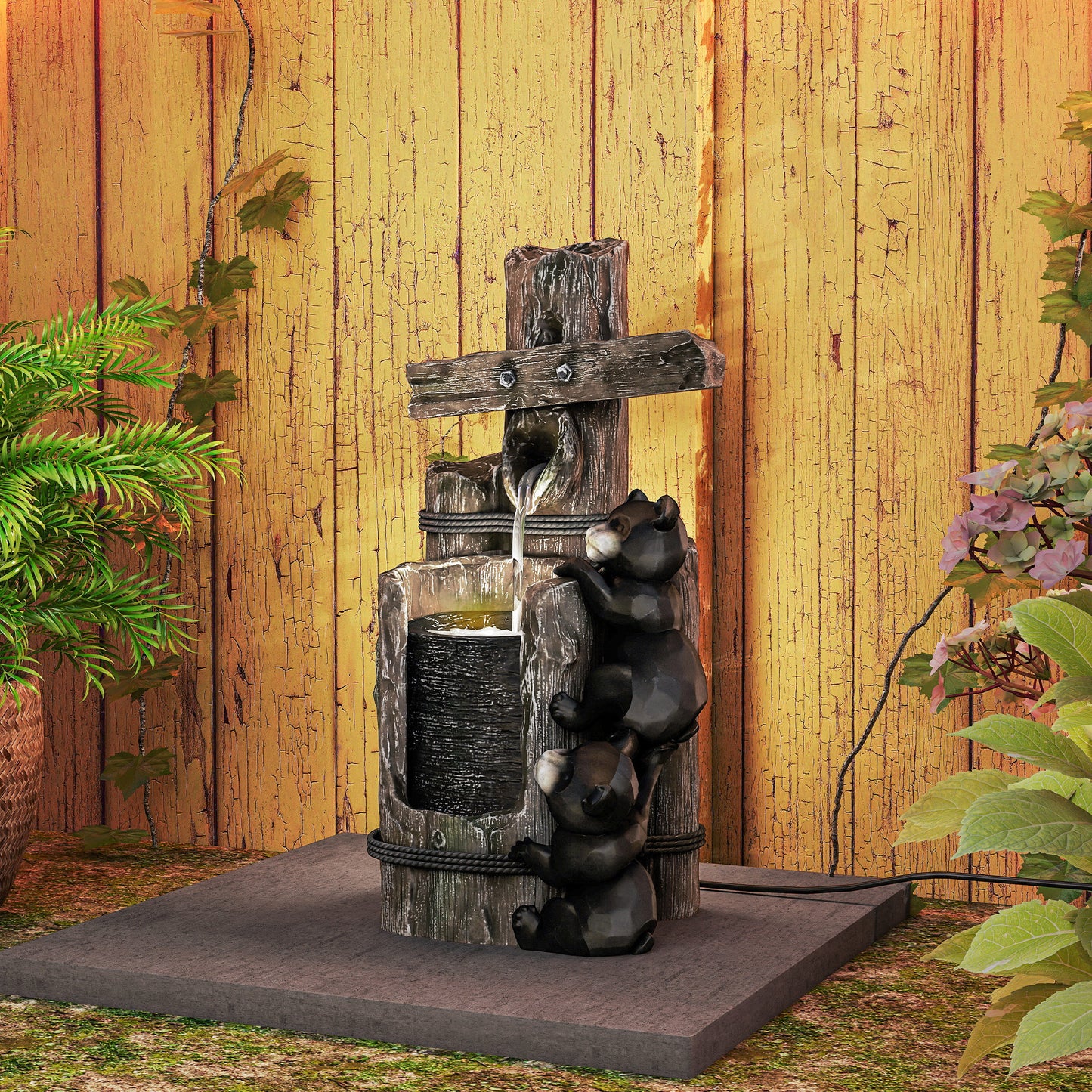 Outsunny 22.8" Outdoor Water Fountain, 3-Tier Floor Standing Resin Bears on Log Waterfall Fountain with LED Lights, Pump
