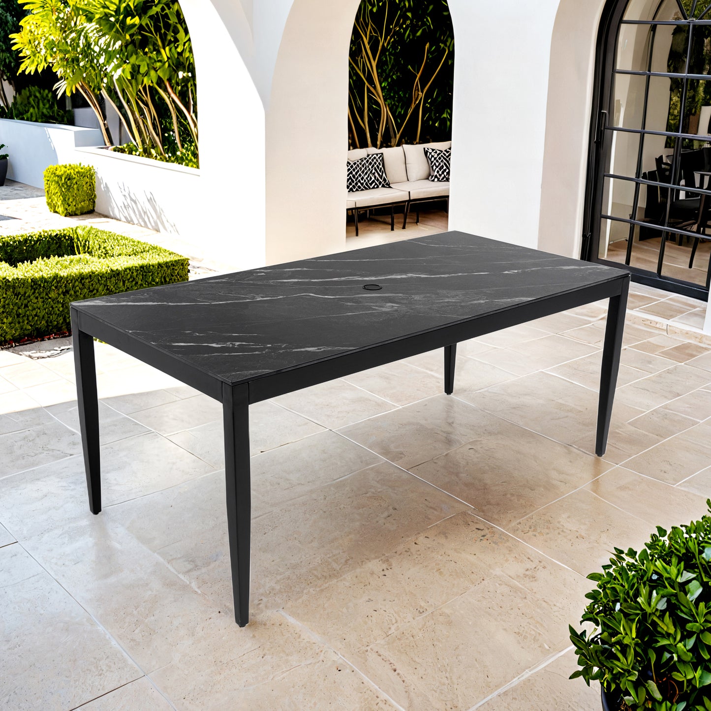 Outdoor Modern Patio 35.5"x71" Aluminum Dining Table, Black Marble-Inspired Sintered Stone Top, Ember Black Finish, Post Tapered Legs-Seats Six, Weatherproof & Rust-Free
