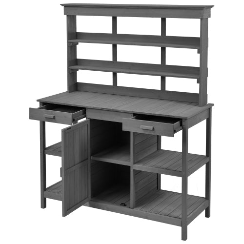 50 in. W x 66 in. H Gray Outdoor Farmhouse Fir Wood Garden Potting Bench Table with Drawers and Cabinet
