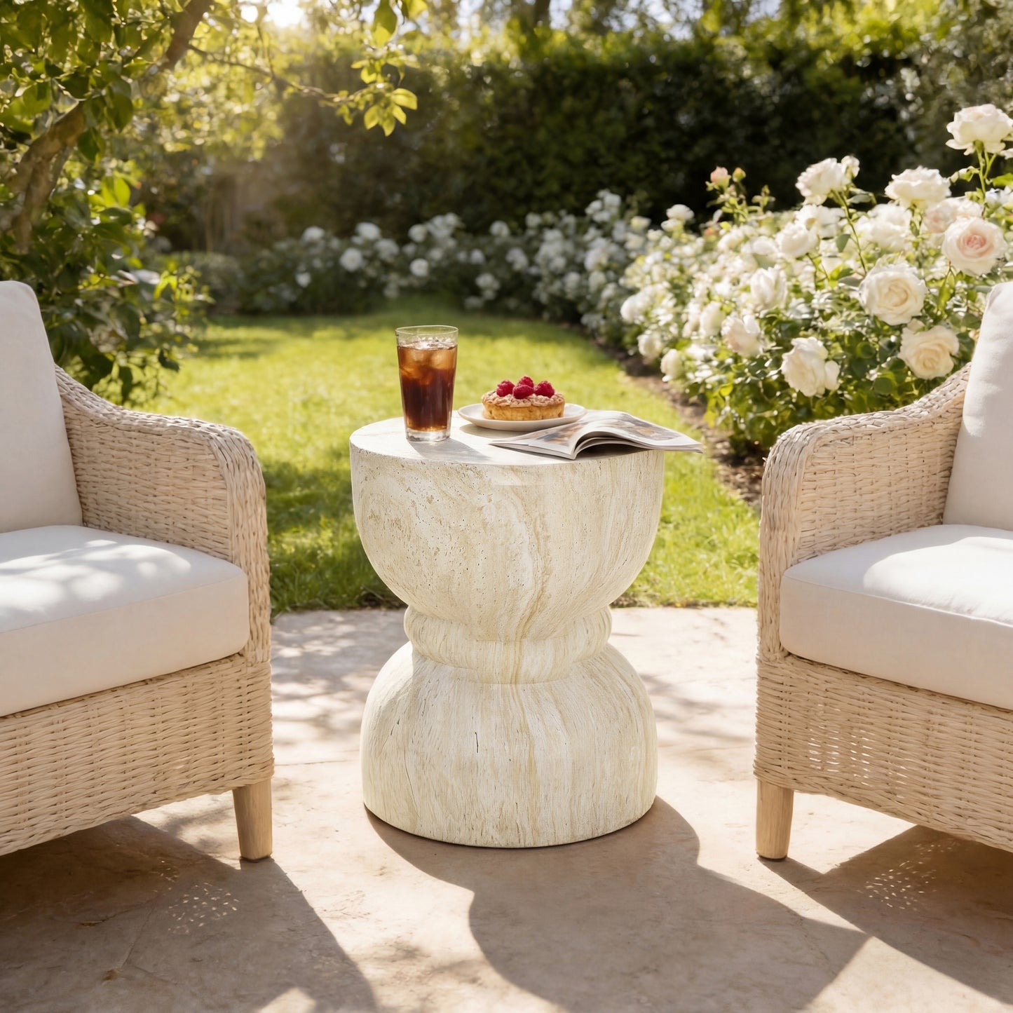U_Style Outdoor Concrete Side Table,Rounded Waist Outdoor End Tables, Decorative Garden Stools for Indoor Outdoor With Imitation Natural Stone Texture Patio Accent Side Table