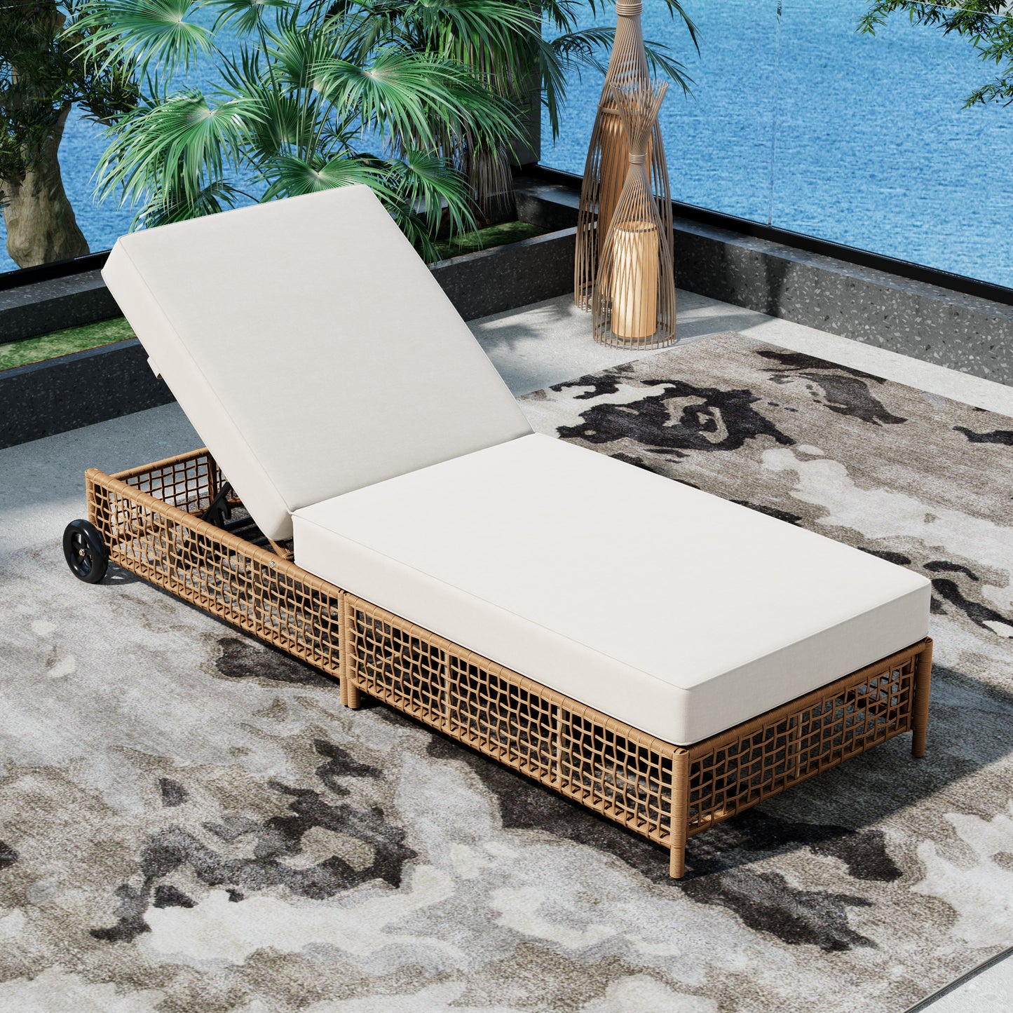 TREXM Outdoor Lounge Chair, Patio Chaise Lounge with 5-Position Backrest, Rattan Outdoor Lounge Chair with Cushion and Wheels for Poolside, Backyard, Garden (Natural+Beige)