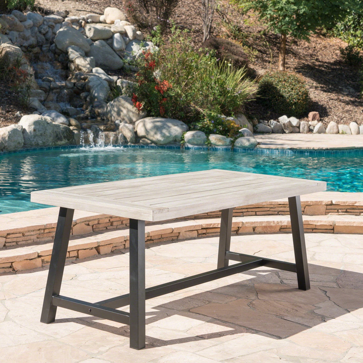 Outdoor Light Grey Sandblast Finish Acacia Wood Dining Table with Black Rustic Metal Finish Frame