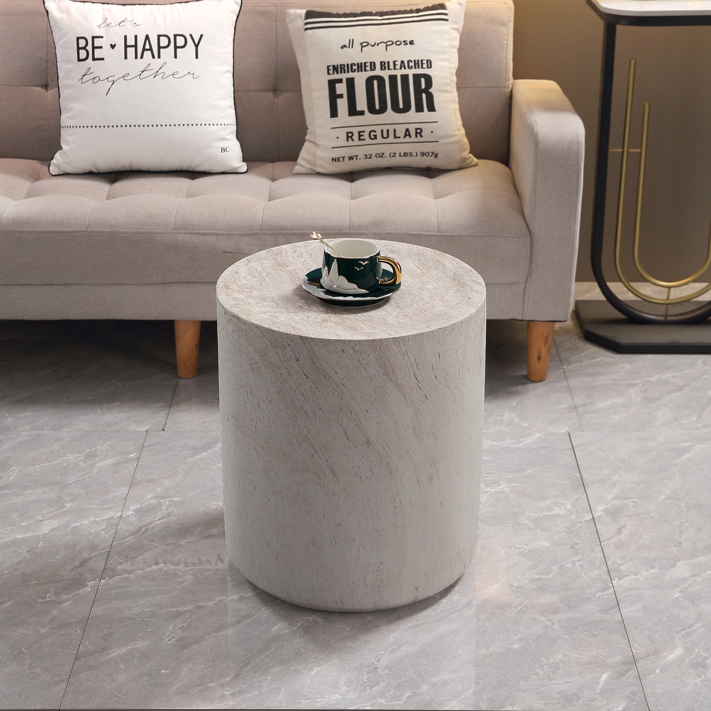 Light Travertine Finish Magnesium Oxide Drum Side Table   15.75" Diameter Round End Table