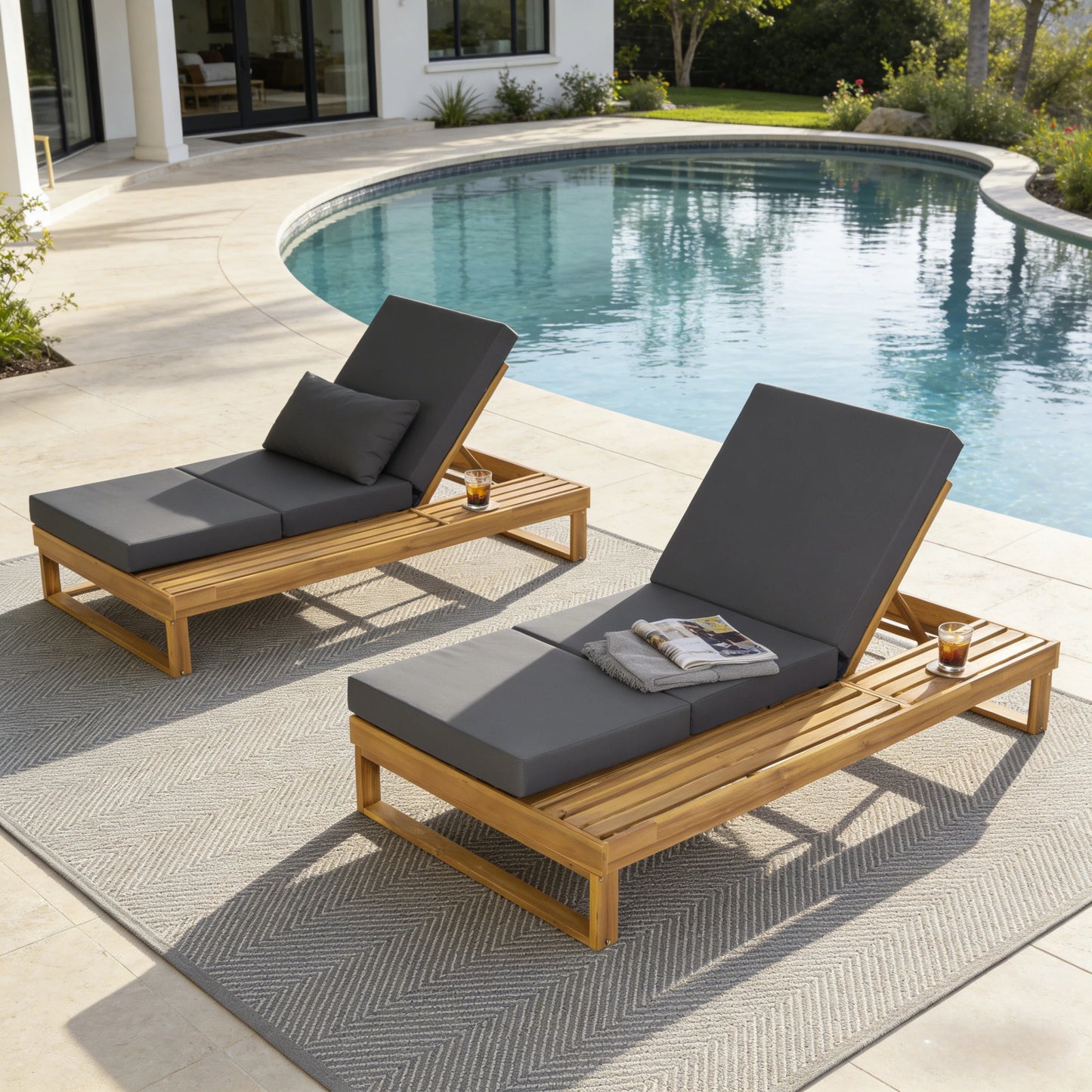 Teak Finish Acacia Wood Chaise Lounge with 4-Inch Dark Grey 3-Fold Water-Resistant Cushion Set, 4-Position Adjustable Outdoor Patio Lounger with Flat Side Surface- Matching cream version available