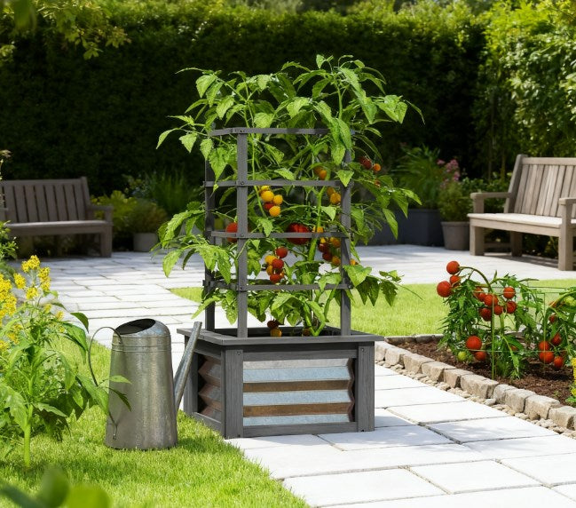 Versatile Raised Garden Bed,Galvanized Planter Box Elevated Garden Bed,Wooden Garden Bed with Trellis