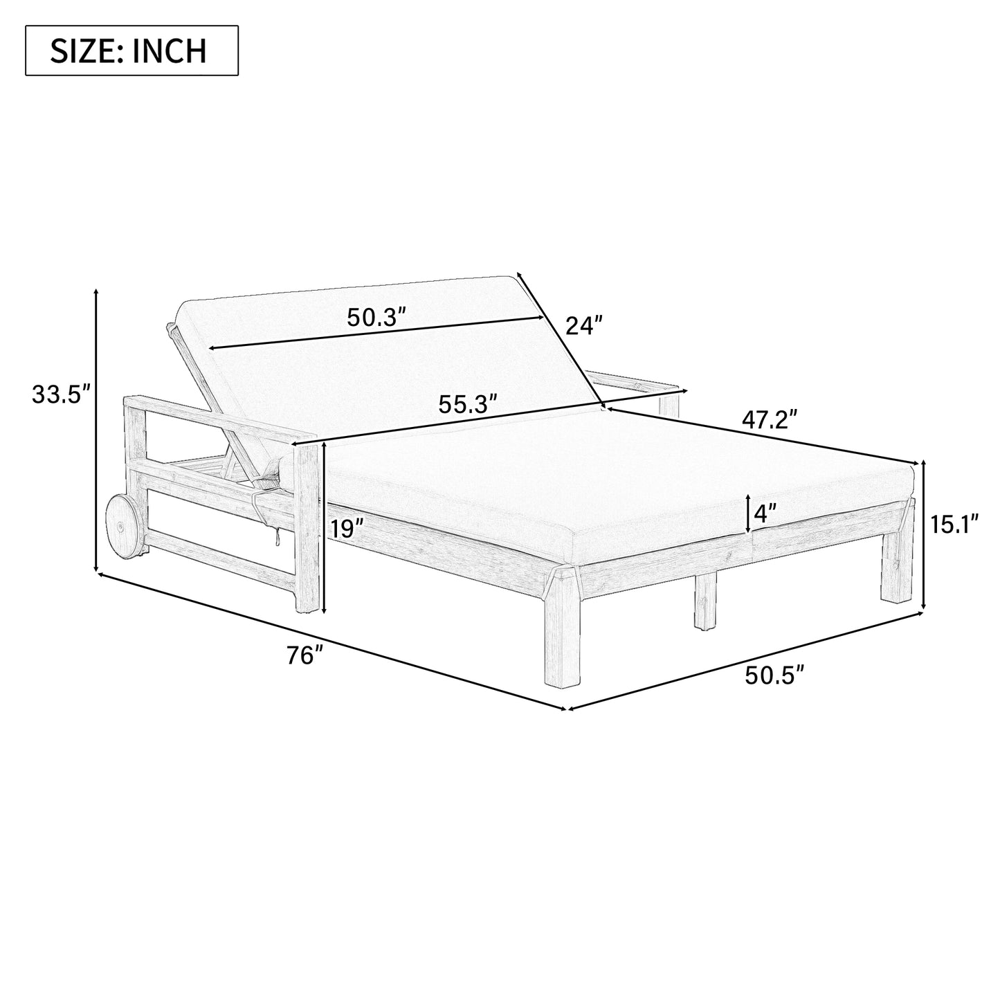 TREXM 1-Piece Farmhouse-styled Wooden Outdoor Sunbed for Ultimate Relaxation Outdoor Daybed Seating 2 People for Poolside, Garden and Backyard (Grey)