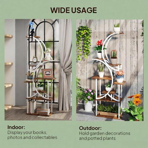 61.8" H 8-Tier S-Shaped Corner Plant Stand with Steel Frame and Fir Wood Base, Space-Saving Rack for Indoor Plants, Books