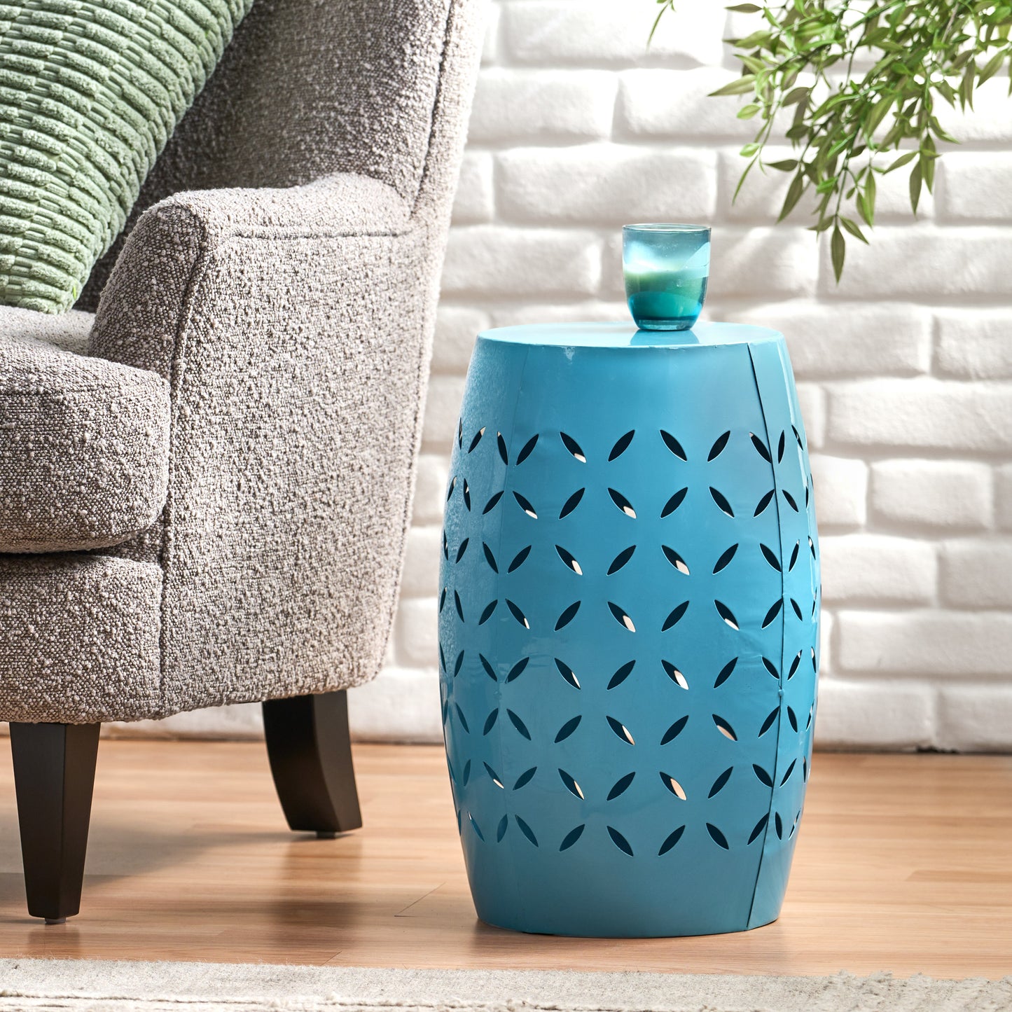 LILAC 12" Accent Side Table, Cylindrical Design End Table for Living Room, Family Room, or Entryway, Industrial Style,Coffee Side Tables for Indoor Outdoor, Blue Color