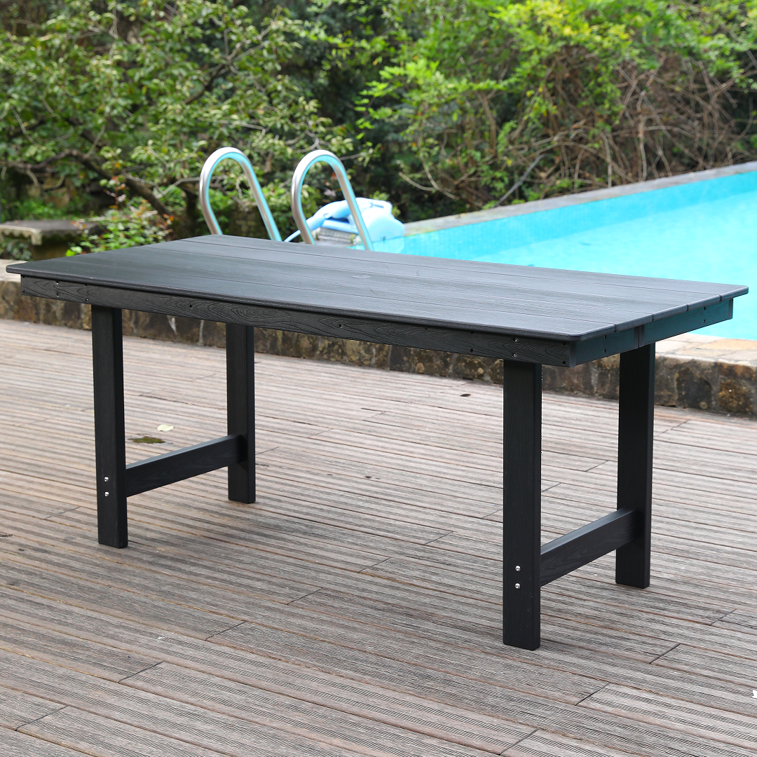 HDPE Patio Dining Family Table, coffee table, outdoor table for 4-6 People with Umbrella Hole for Backyard, Garden, Pool, Black