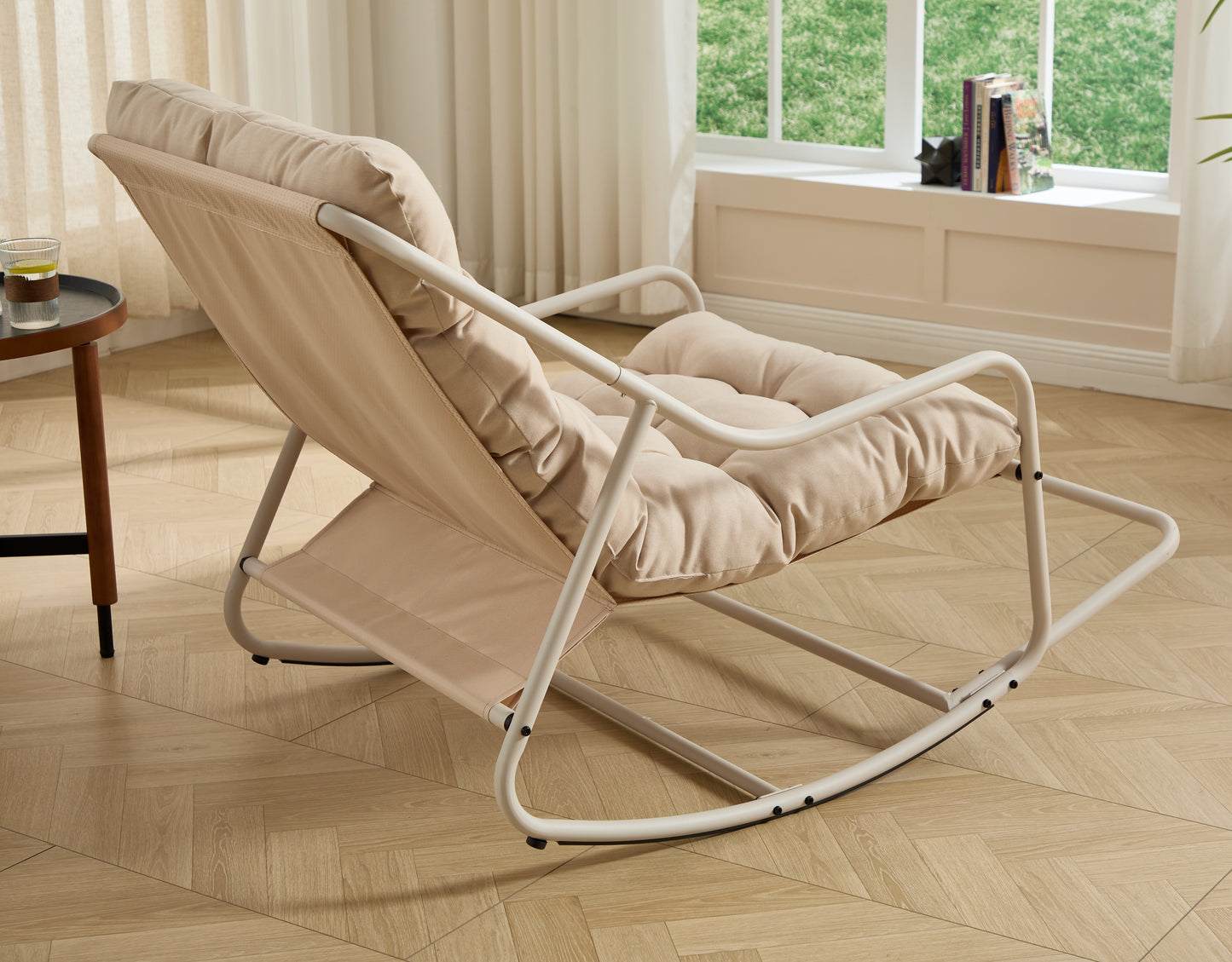 Outdoor Rocking Chair, Comfy Cushion, with Soft Thick Cushion,for Living Room, Bedroom, Reading Room, Beige Frame with Beige Cushion