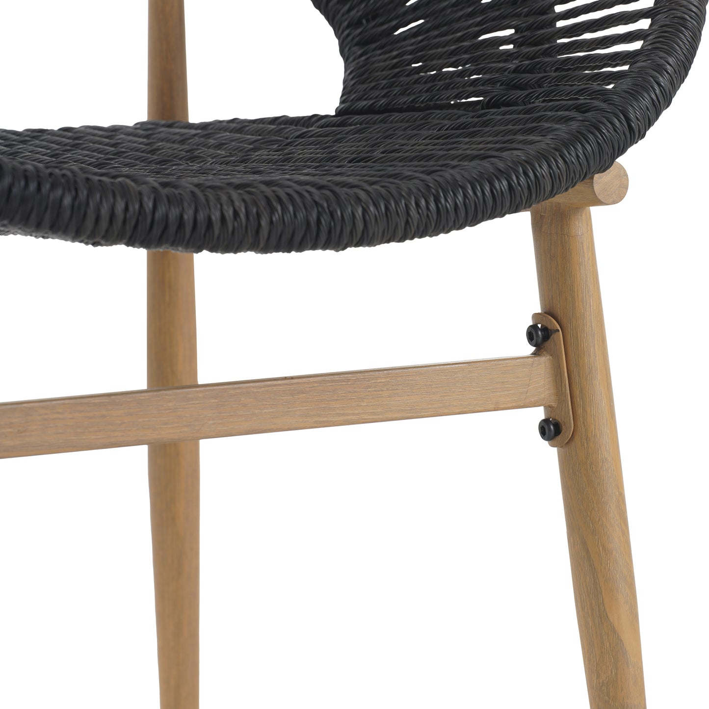 Cyril Outdoor Wicker Papasan Style Dining Chair, Teak Finished Leg and Dark Gray Faux Rattan, Gray Cushion, Set of 2