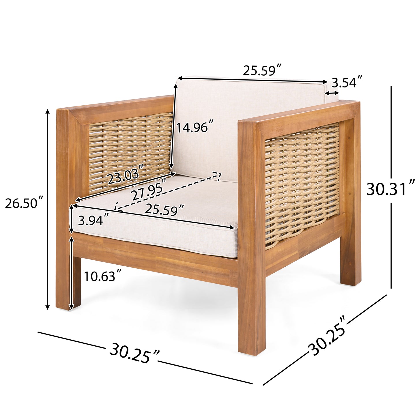 Acacia Wood Outdoor Club Chair with Wicker Armrest and Beige Cushions,400 lbs Capacity