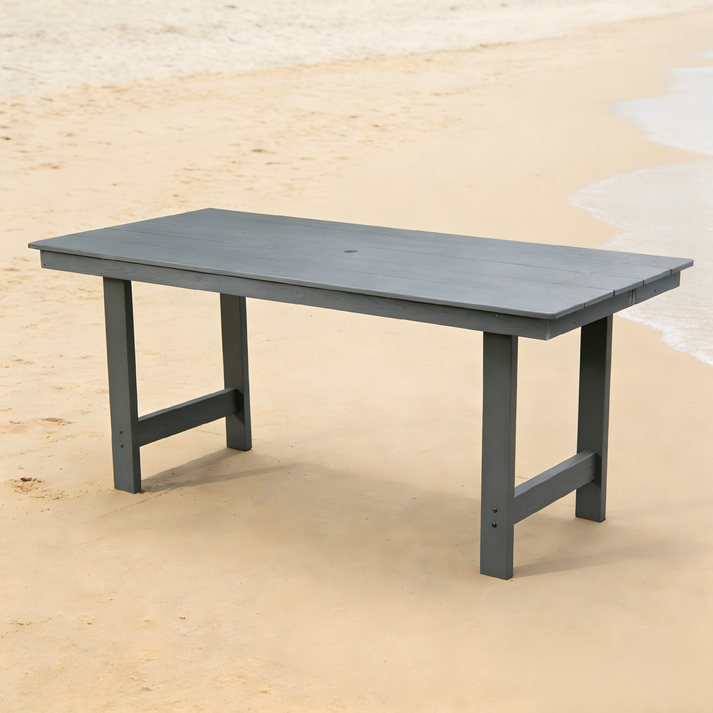 HDPE Patio Dining Family Table, coffee table, outdoor table for 4-6 People with Umbrella Hole for Backyard, Garden, Pool, Grey