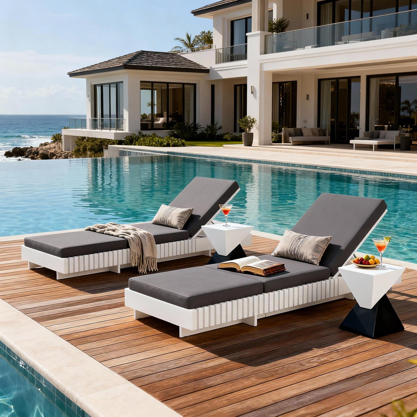 White Acacia Solid Wood Outdoor Chaise Lounge with  Dark Grey 3-Fold Water-Repellent Cushion, 400lbs Capacity,  Modern Patio Sun Lounger for Garden, Poolside