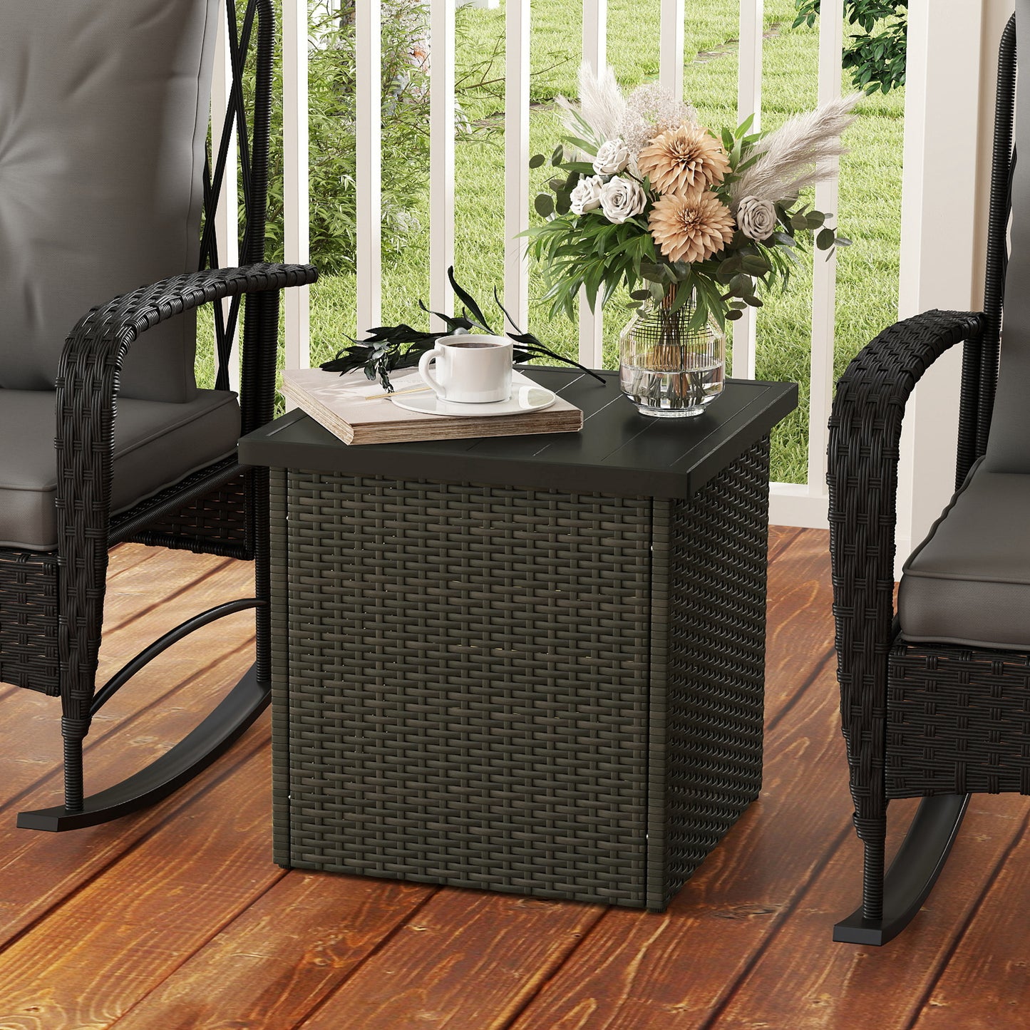 Outsunny All Weather Wicker Side Table with 1.5" Umbrella Hole, Square Outdoor End Table with UV-Resistant Frame, Storage Space for Patio, Mixed-Brown