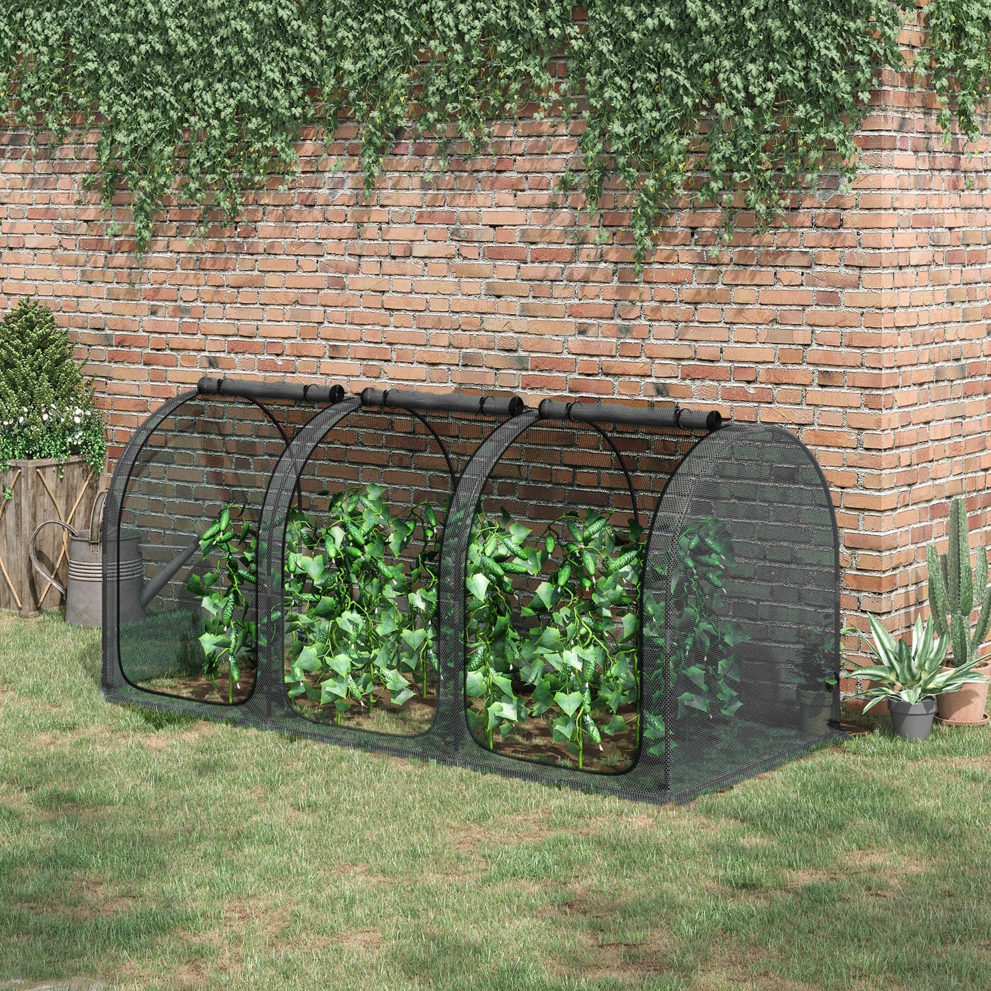 Outsunny 9' x 4' Crop Cage, Plant Protection Tent with Three Zippered Doors, Storage Bag and 6 Ground Stakes, for Garden, Yard, Lawn, Black