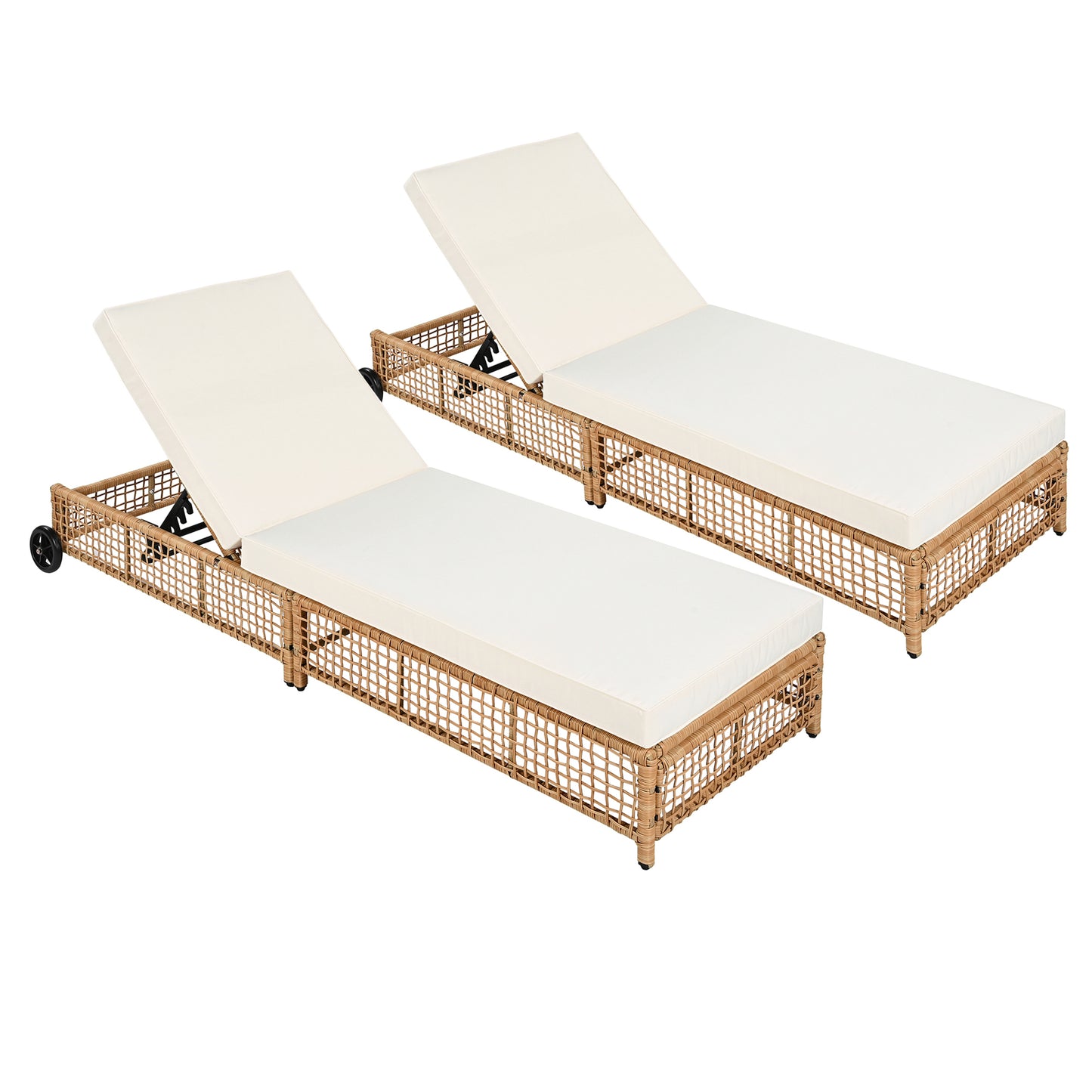TREXM Outdoor Lounge Chair Set of 2, Patio Chaise Lounge with 5-Position Backrest, Rattan Outdoor Lounge Chair with Cushion and Wheels for Poolside, Backyard, Garden (Natural+Beige)