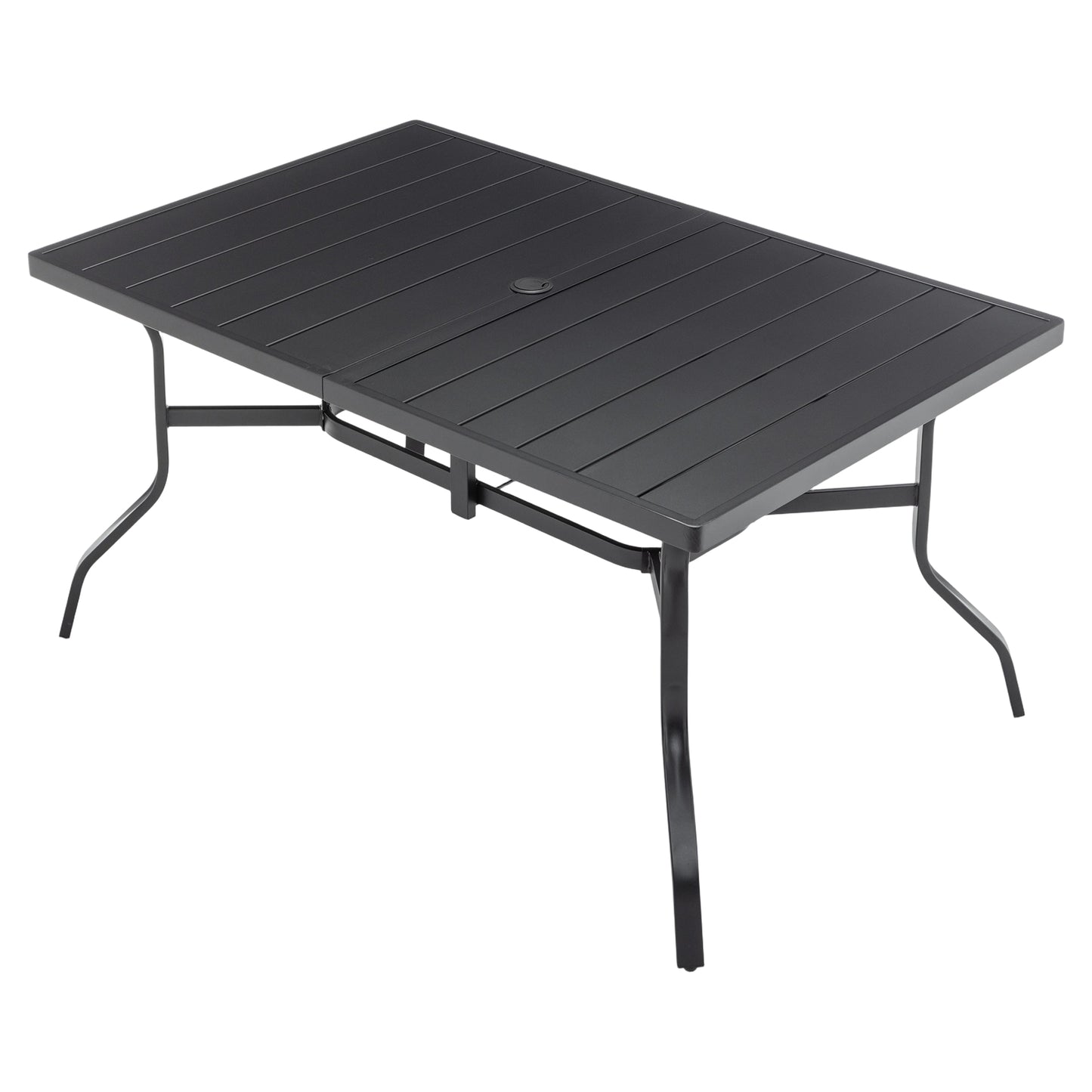 Outdoor Dining Table for 6, Powder-Coated Steel Slat Top with 2.16" Umbrella Hole, Anti-Slip Pads, E-Coating Frame, All-Weather Black Patio Table for Garden, Poolside, Backyard