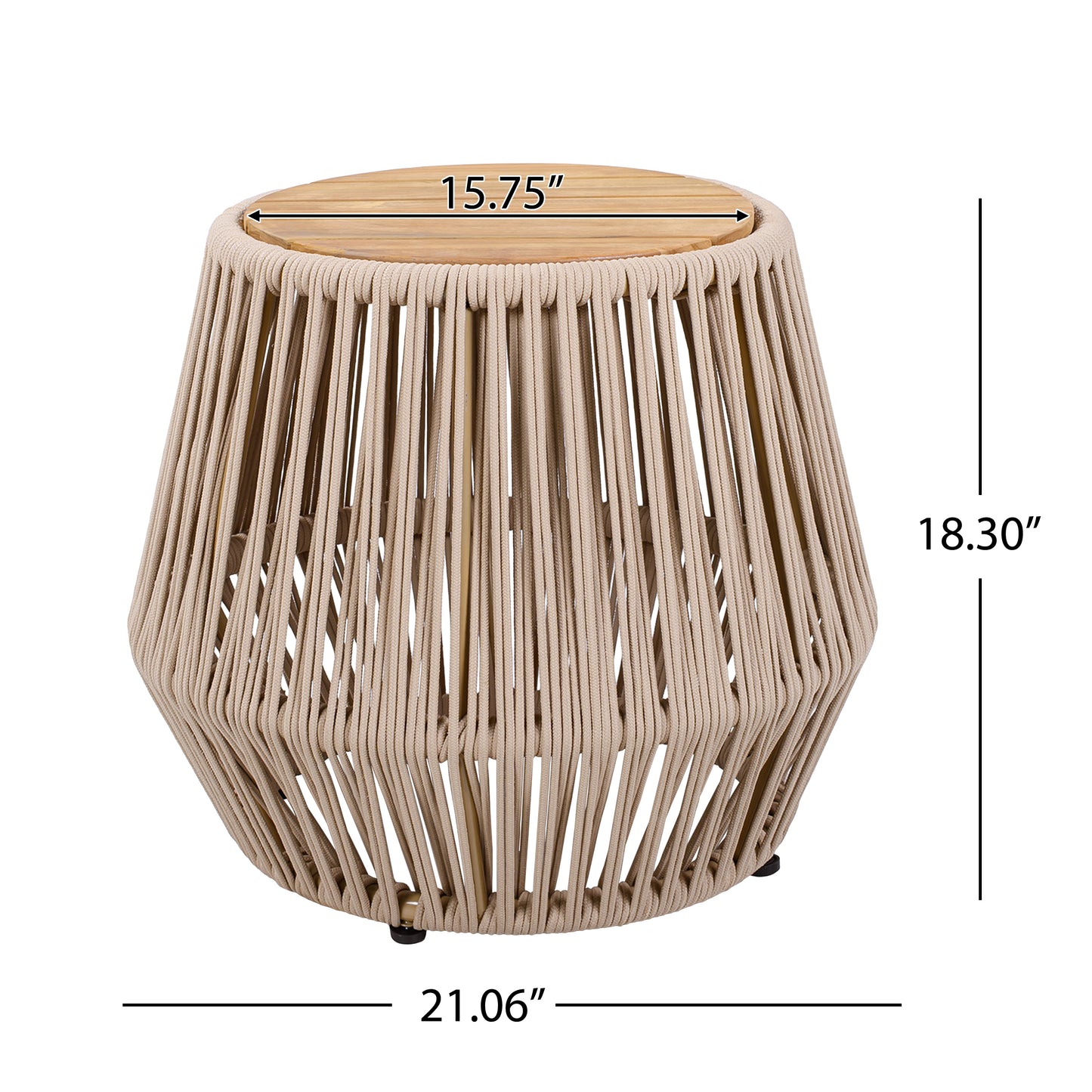 Acacia Wood Side Table with Beige Rope Base - Light Teak Finish, Modern Coastal Accent for Patio, Garden, Balcony & Indoor Use