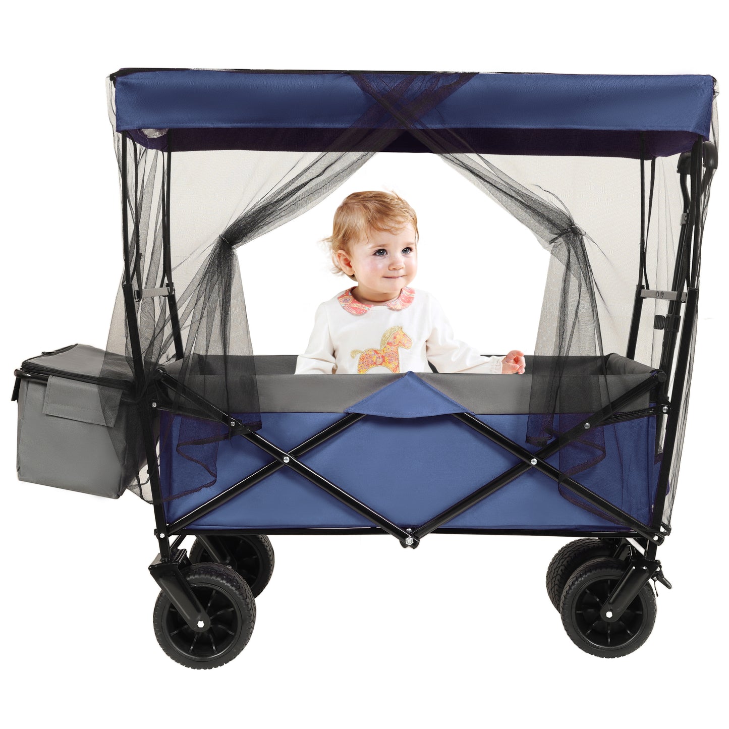480Lbs Collapsible Wagon with Canopy,Wagon Stroller with 7" All-Terrain Wheels, Lightweight Foldable Wagon, Large Capacity for Camping, Shopping, Sports, and Garden Use, Dark blue with mosquito net