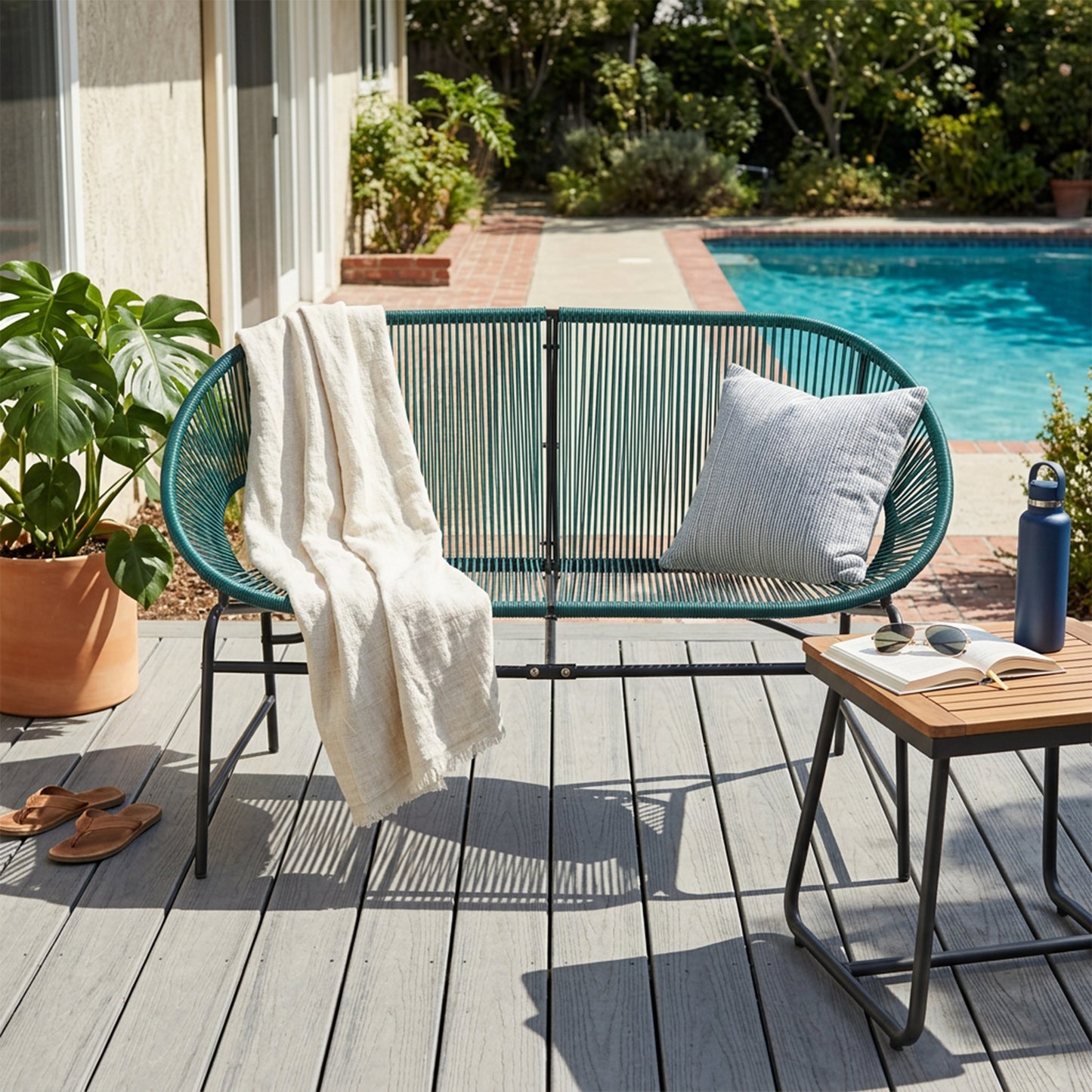 CONDESSA OUTDOOR PATIO WICKER LOVE SEAT, GREEN PE RATTAN & IRON FRAME, SET OF 1