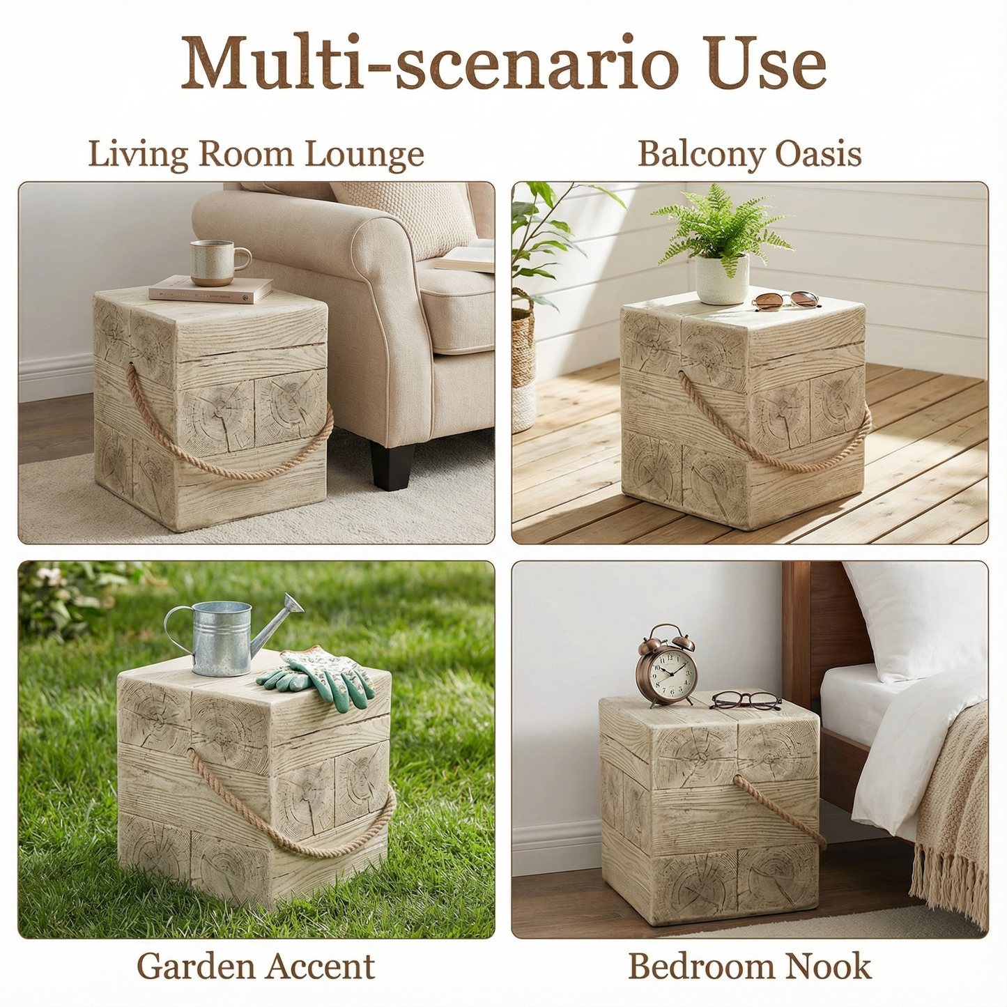 Outdoor Wood Grain Square MGO Side Table with Simulated Braided Cord – Indoor Retro End Table for Home & Patio Decor