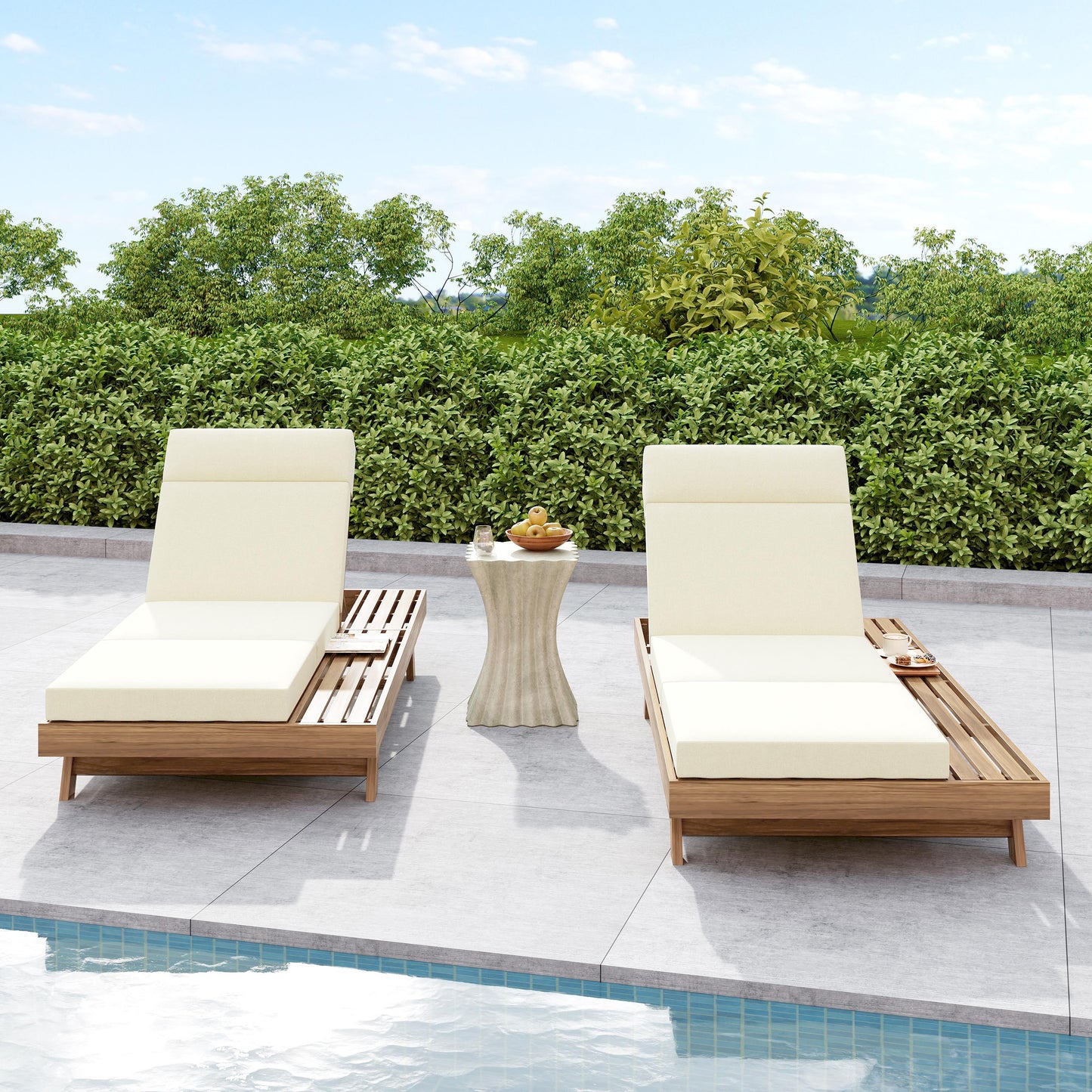 Lounge Chaise Set With Headrest, Space Available On One Side, Acacia Wood In light brown With Water-Resistant Lounge Cushions (Beige & 3-Fold & 4 Inch) – Matching Dark Grey/Cream Version Available
