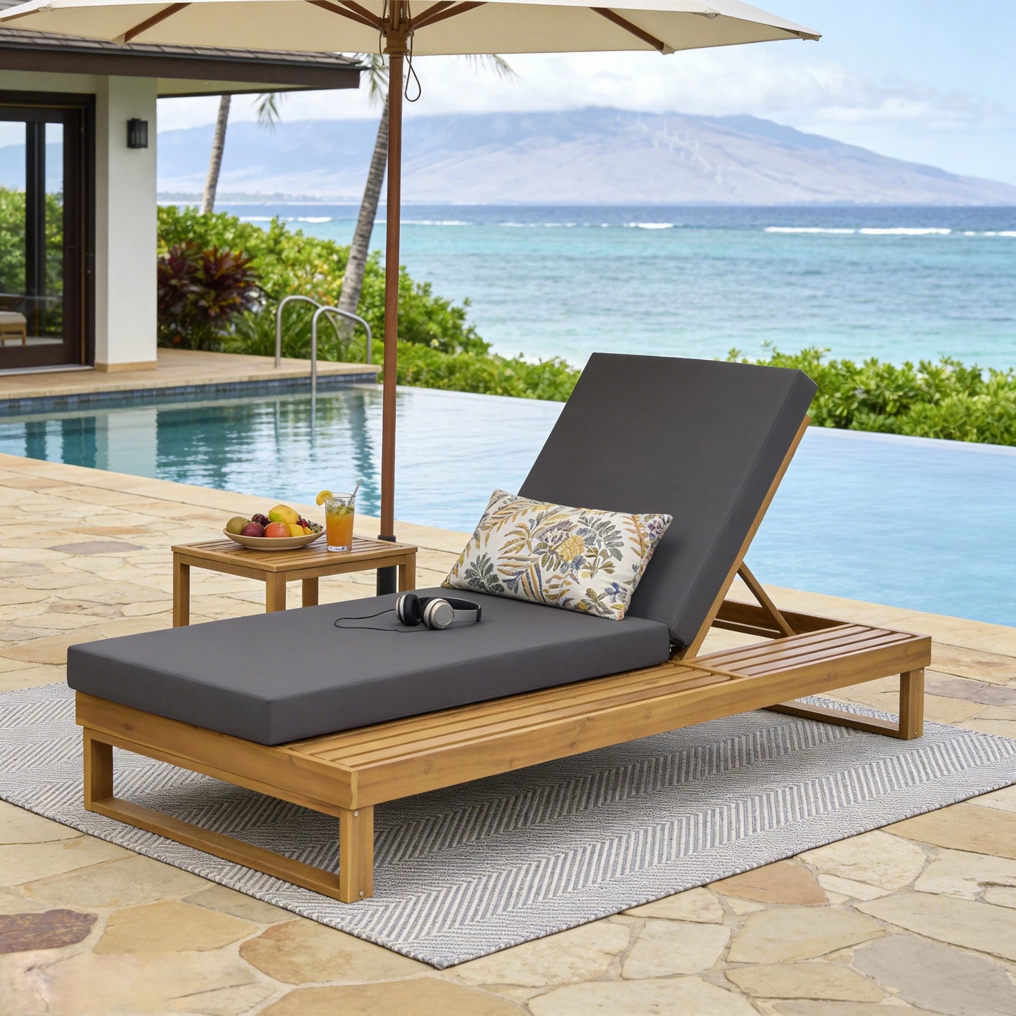 Teak Finish Acacia Wood Chaise Lounge with 4-Inch Dark Grey 2-Fold Cushion Set, 4-Position Adjustable Outdoor Patio Lounger with Flat Side Surface, for Poolside - Matching cream version available