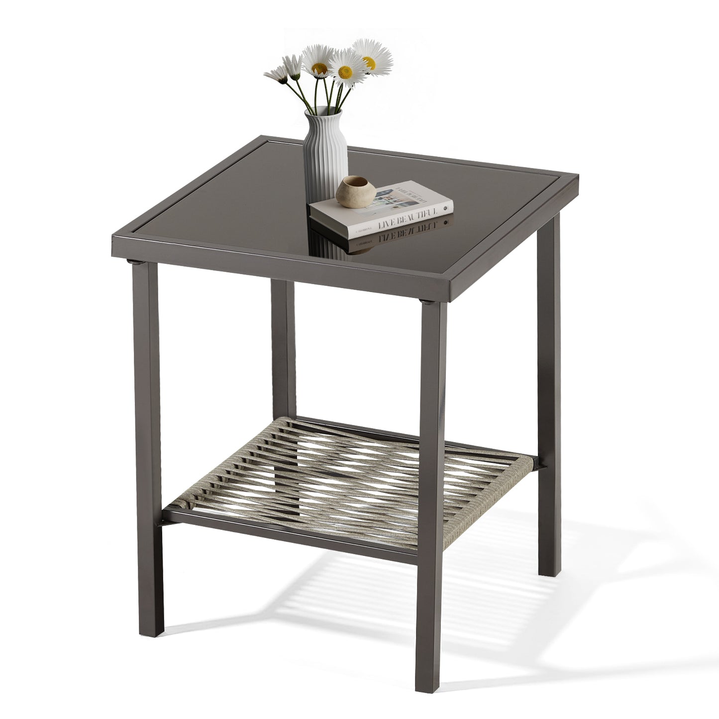 Outdoor Wicker Side Table, 22x18x18 inch All Weather Rattan Small Patio Table Square End Table for Pool Balcony Deck Porch Lawn Backyard, Dark Gray