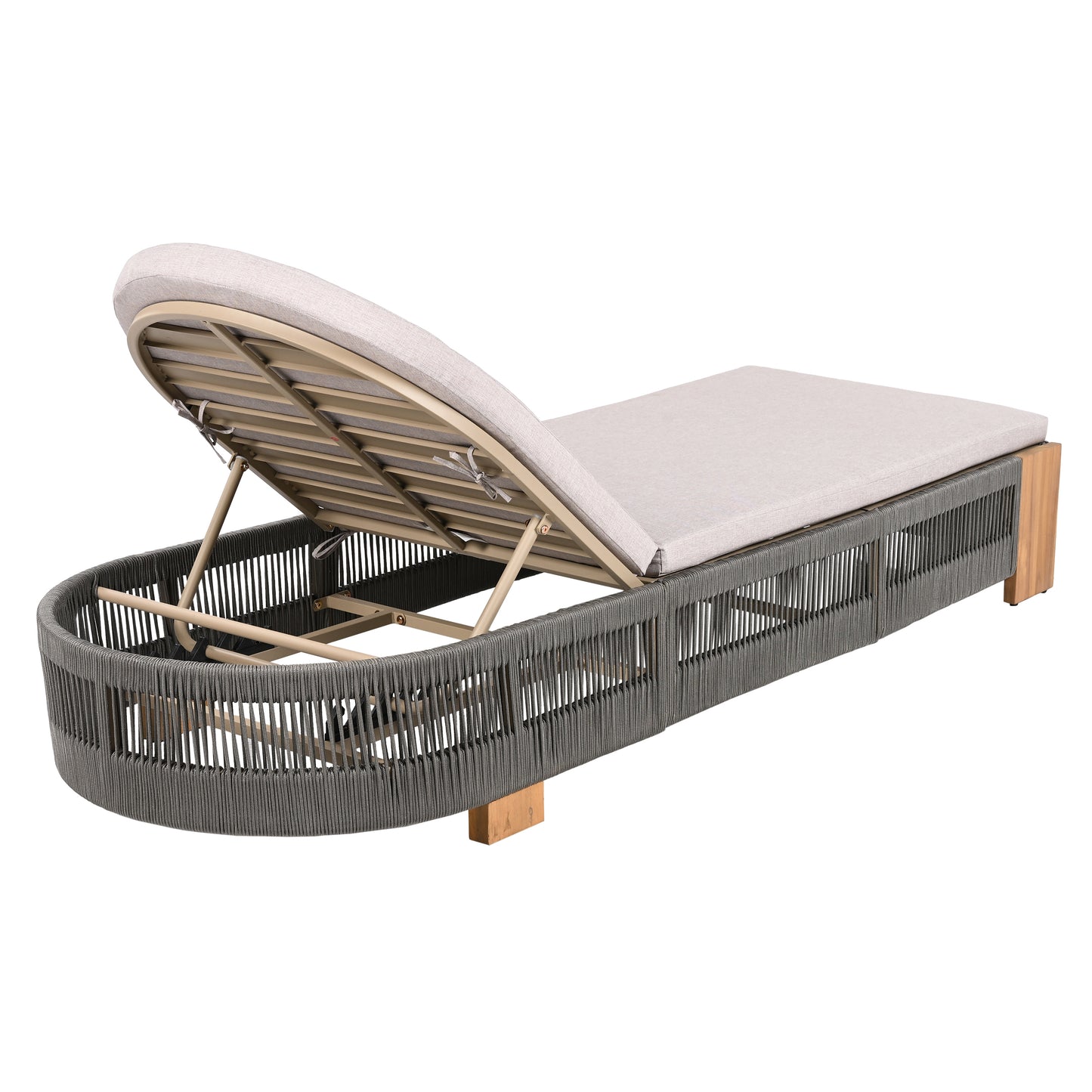 Outdoor Chaise Lounge Chair, Acacia wood Pool Chair with Adjustable Backrest and Cushion, Outdoor Lounge Chair for Beach, Yard, or Poolside (Grey rope)