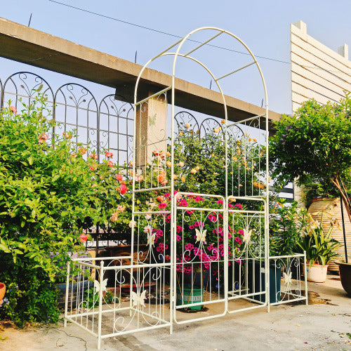 79.5 in. x 86.6 in. Metal Trellis-Cream White Garden Arch with Gate Outdoor Rose Arbor for Climbing Plants