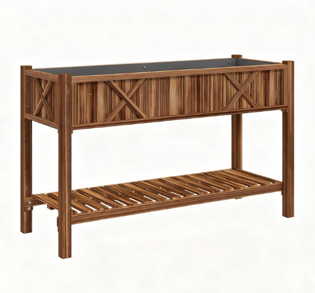 Dual-Tier Raised Garden Bed,Elevated Wood Planter Box,with Storage Shelf,Drainage Holes,and Liner