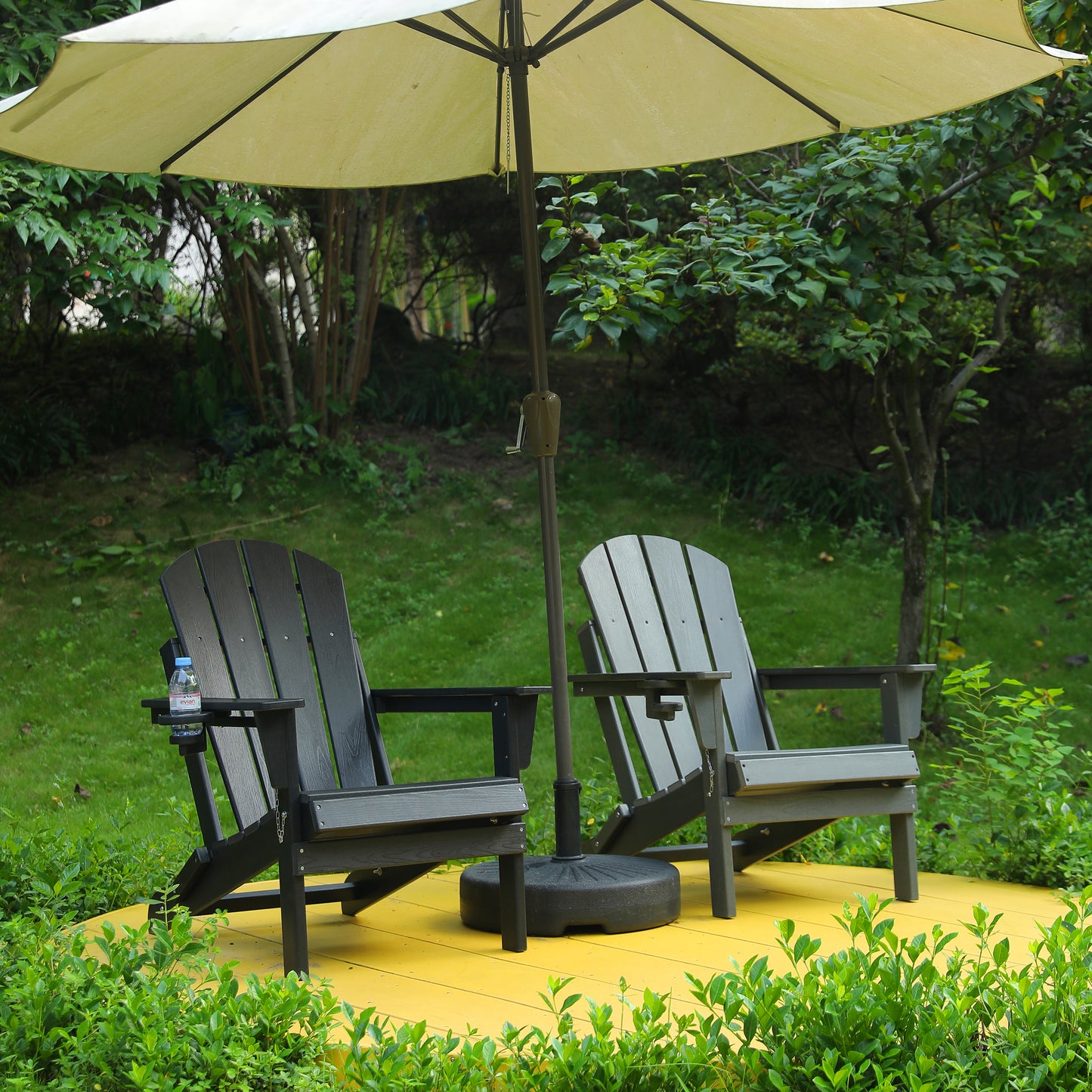 HDPE Folding Adirondack Chair with Dual Cup Holder - Composite Adirondack Chair with Wood Texture- Black