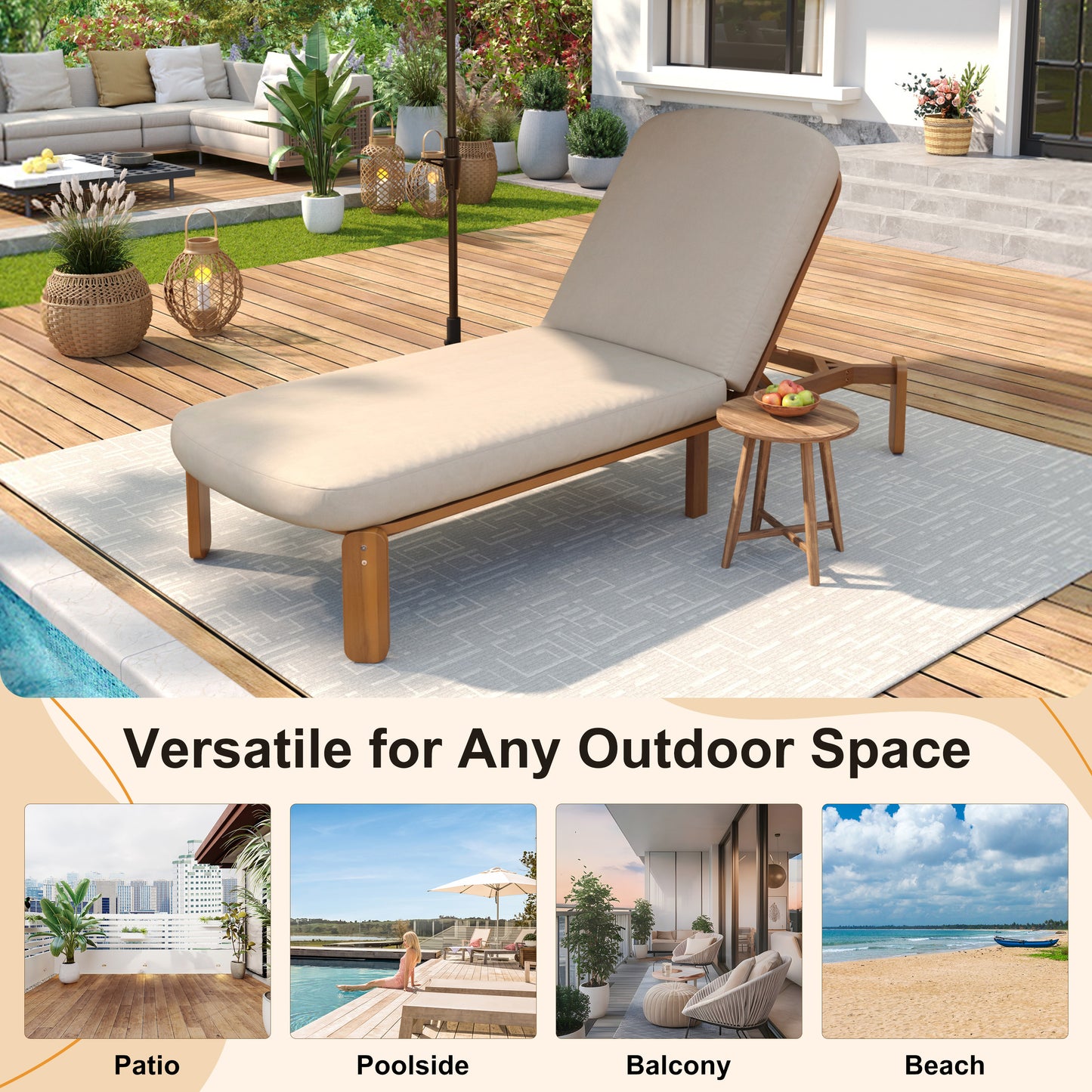 Outdoor Chaise Lounge Adjustable Patio Chaise Outdoor Reclining Chair Pool Lounge Chair with Adjustable Backrest for Patio, Poolside or Beach, Brown