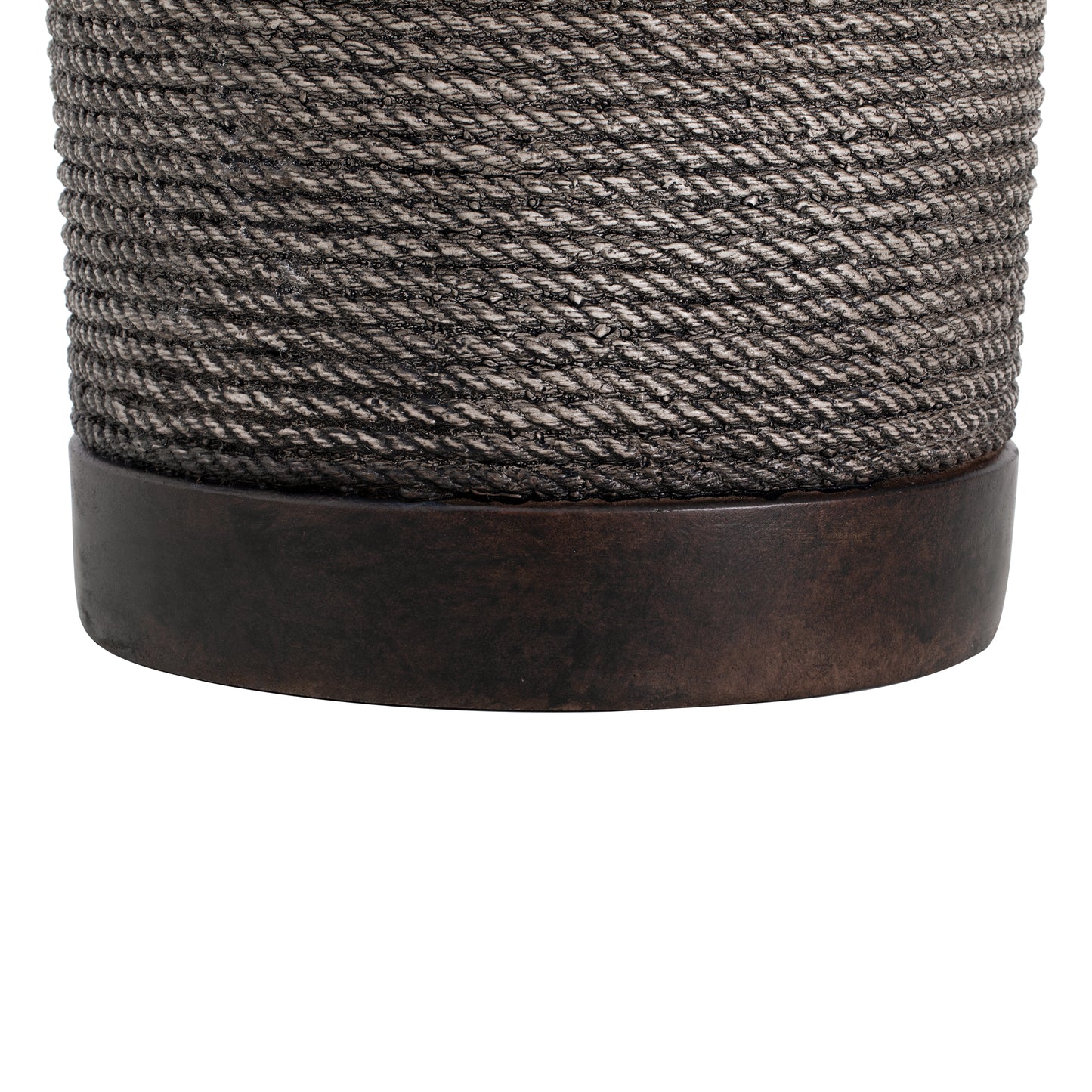 Outdoor Dark Brown Simulated Braided Cord MGO Side Table with Vintage Trim – Indoor Retro Cylindrical End Table for Home & Patio Decor