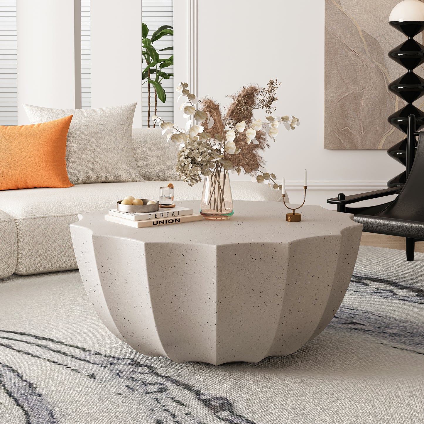 35.43" Modern Outdoor and Indoor Waterproof Coffee Table, Durable MgO Cement Design, Suitable for Terraces, Gardens, Backyards and Living Rooms ( White)