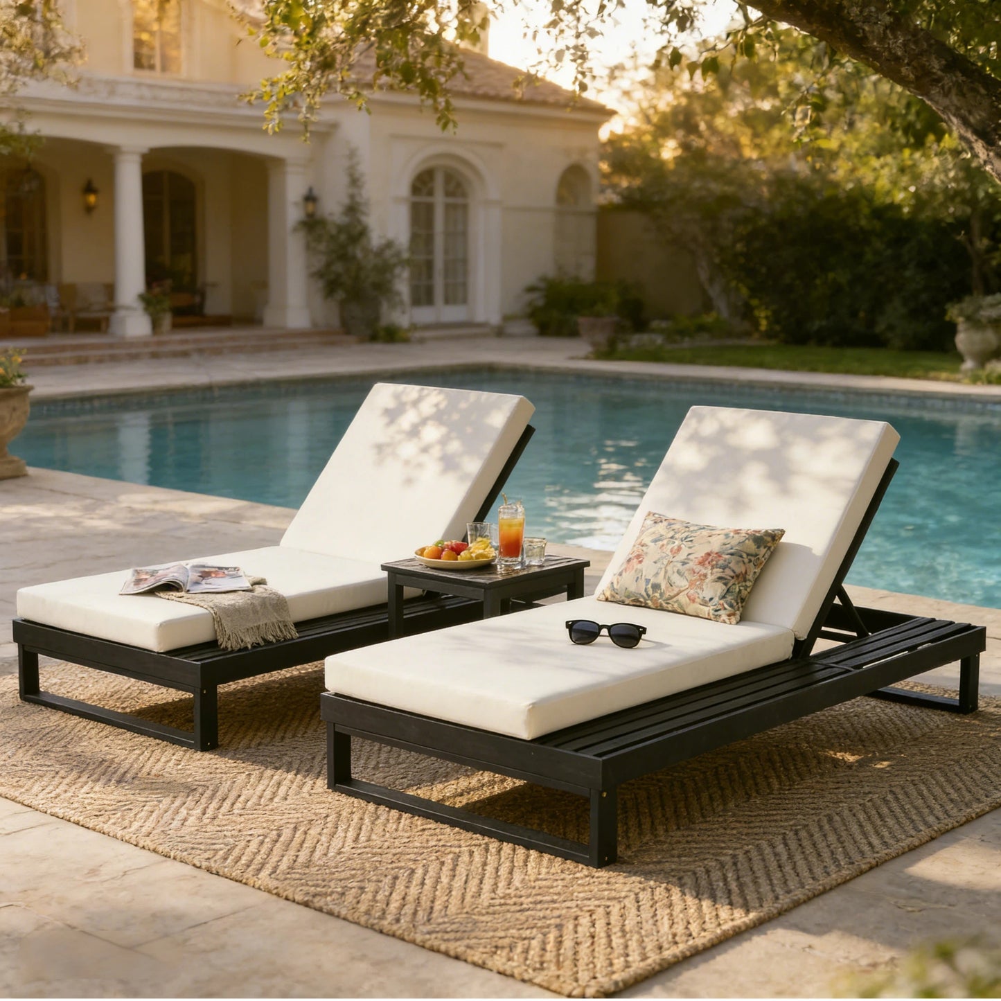 Black Acacia Wood Chaise Lounge with 4-Inch Cream 2-FoldCushion Set, 4-Position Adjustable Outdoor Patio Lounger with Flat Side Surface, for Poolside- Matching dark  grey version available