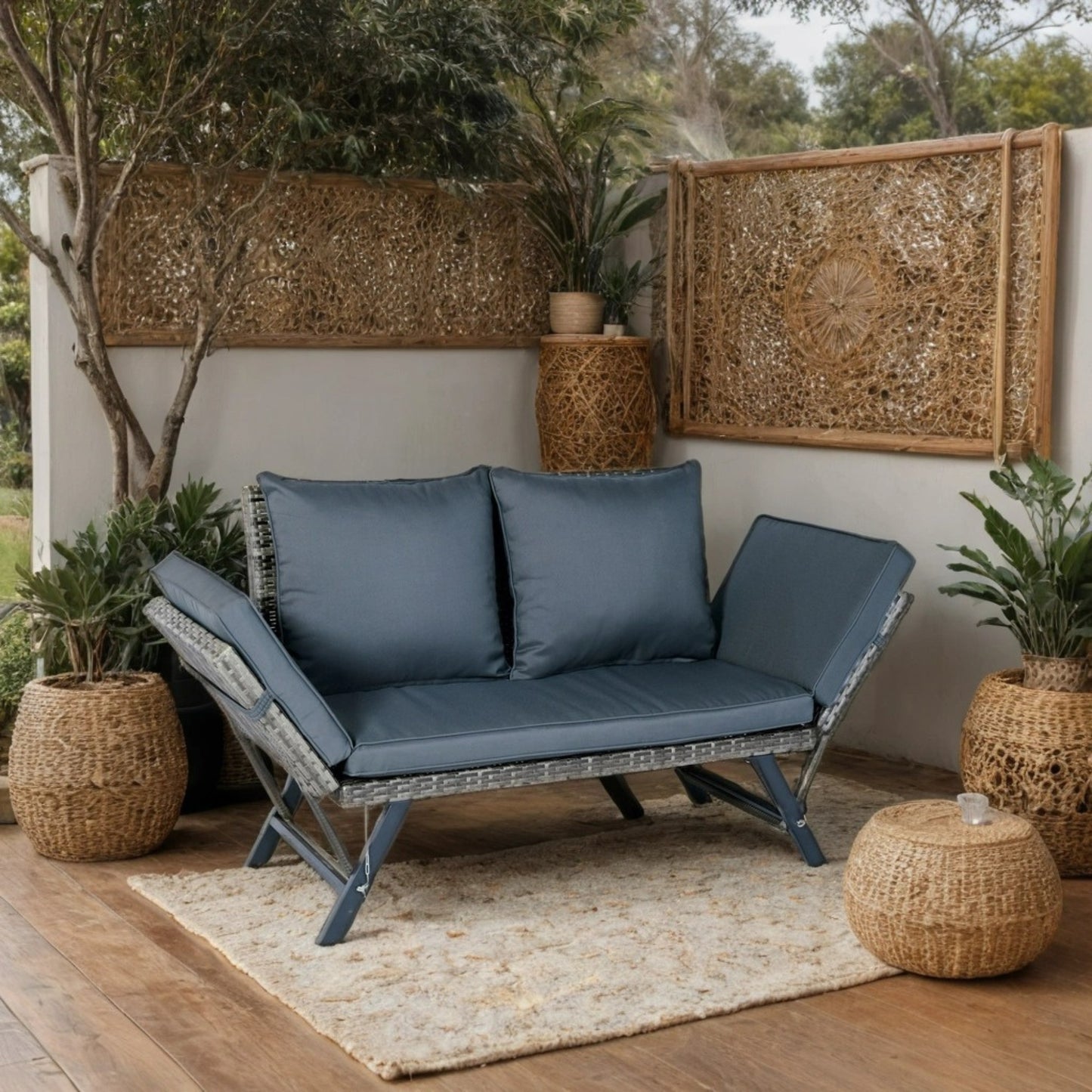 1 PCS Patio Wicker Side Foldable Bench Patio Backyard Conversation Bench Grey Wicker + Dark Grey Cushion