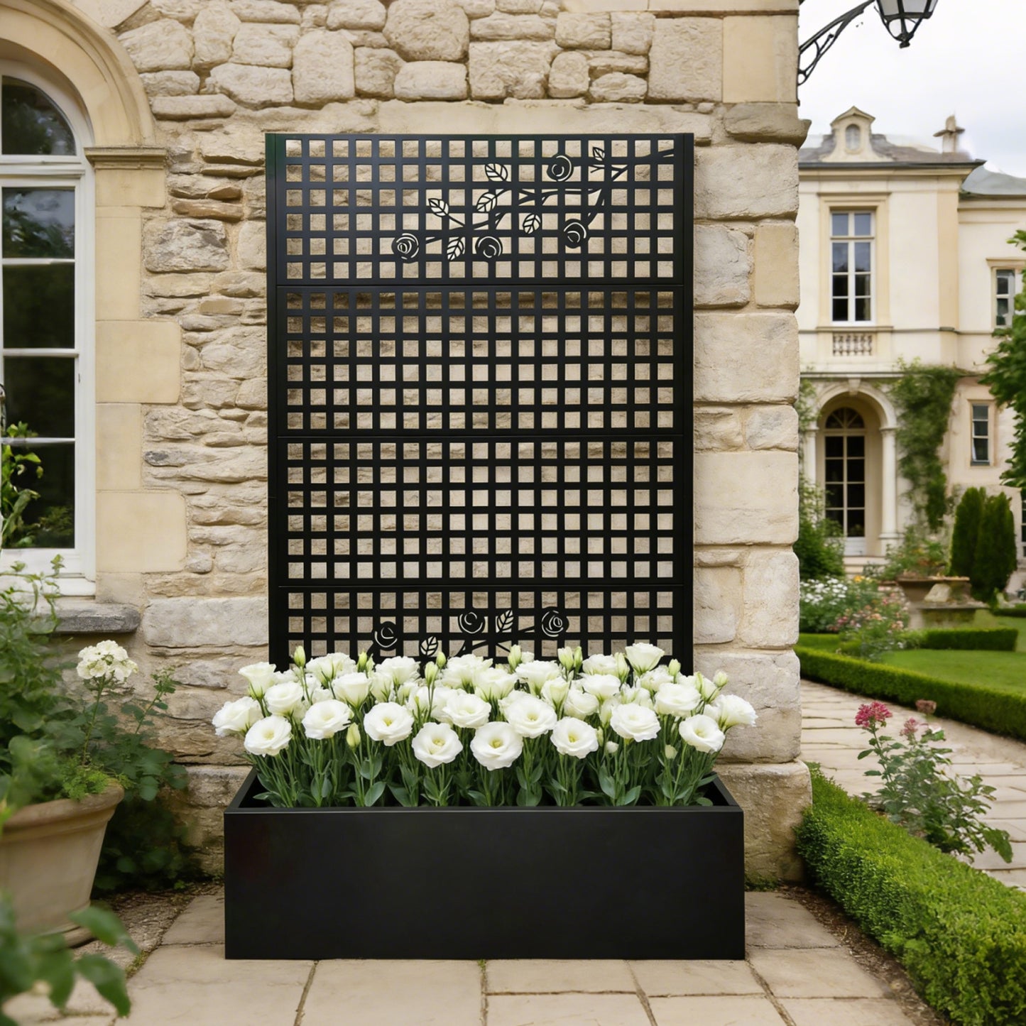 Metal Planter Box with Trellis 70.9in H x 43.3in W x 15.8in D - Outdoor Raised Garden Bed with Privacy Screen Lattice Panels for Patio Decoration for Backyard Patio Balcony, Rose Black